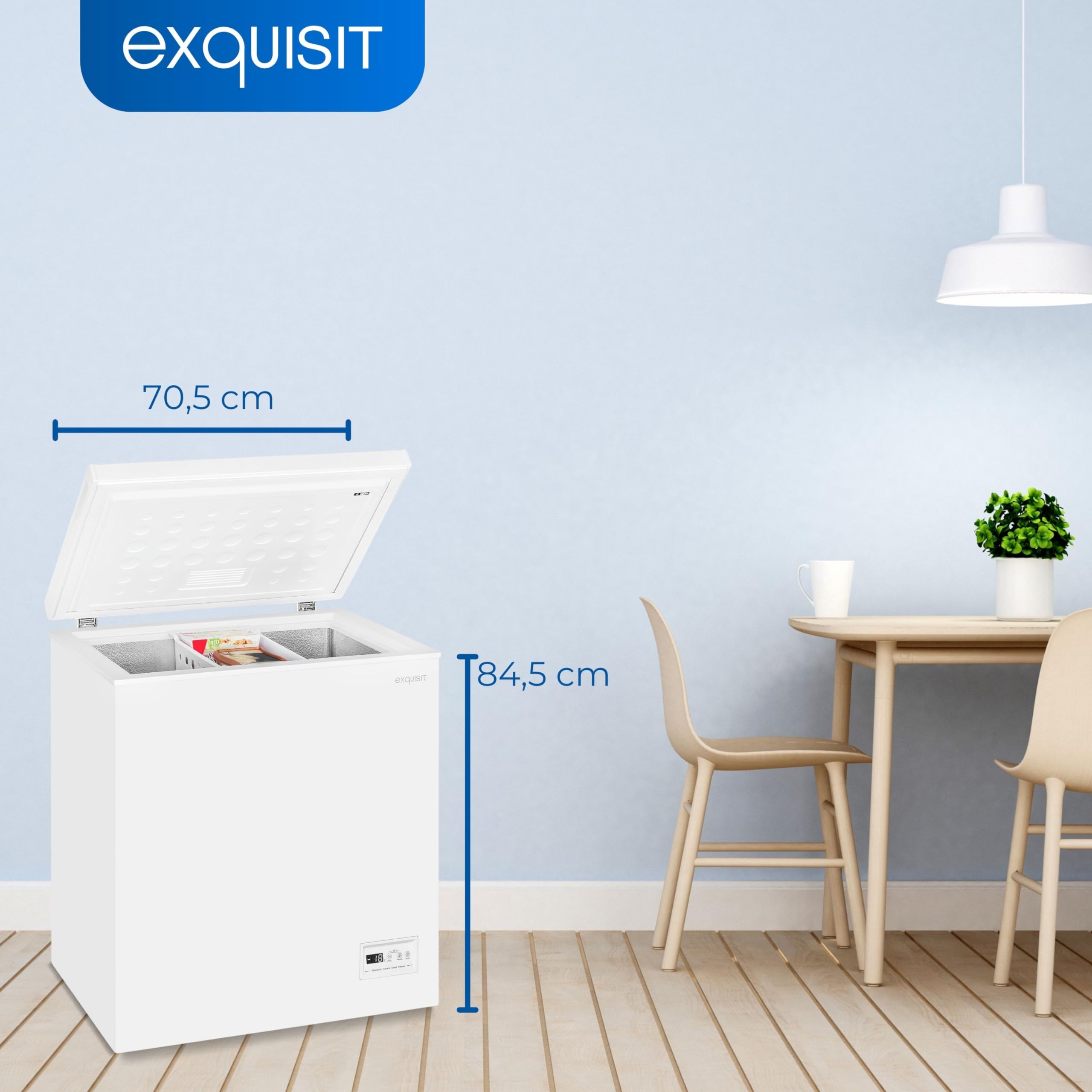 Exquisit Gefriertruhe GT150-E-040E Weiß - 142 L Tiefkühltruhe - 55 cm | Freistehender Gefrierschrank mit 4 Sterne Gefrierleistung, Schnellgefrierfunktion, Einhängekorb und Rollen, Klasse E