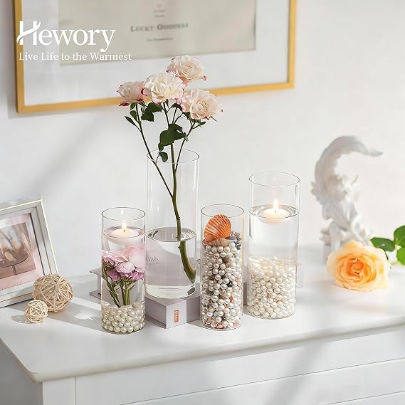 Hewory Cylinder Bud Vases for Flowers, 12 Glass Vases for Table Decorations | Cylinder Vase Clear Small Vase for Wedding Centrepiece, Party, Birthday, Home, Bridal Shower, 15x 5.5 / 18 X 6.5cm