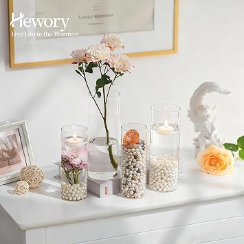 Hewory Cylinder Bud Vases for Flowers, 12 Glass Vases for Table Decorations | Cylinder Vase Clear Small Vase for Wedding Centrepiece, Party, Birthday, Home, Bridal Shower, 15x 5.5 / 18 X 6.5cm