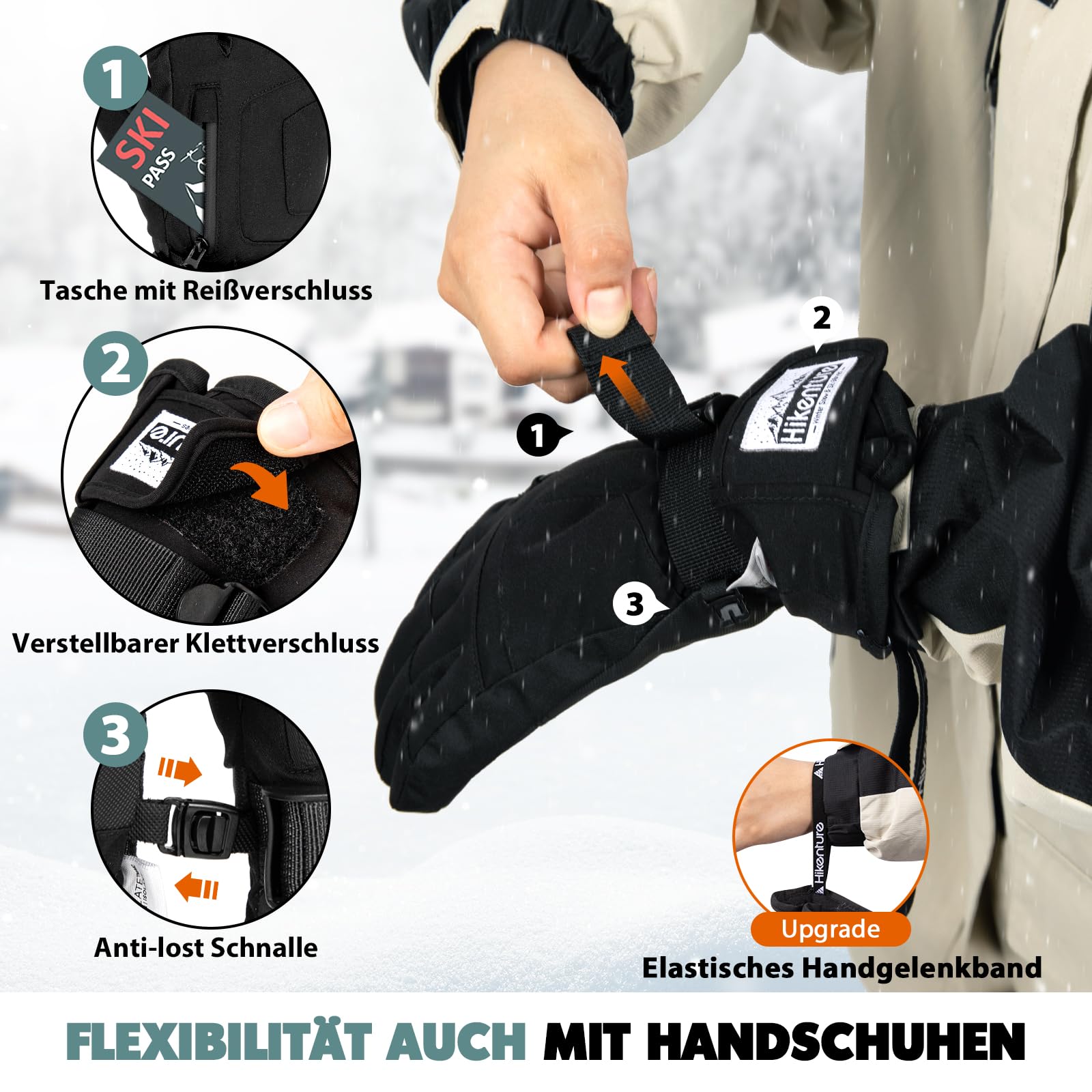 HIKENTURE Winterhandschuhe Herren Damen, 3M Thinsulate Skihandschuhe, wasserdichte Handschuhe Winter Warm, Winddichte Touchscreen Snowboardhandschuhe für Skifahren, Radfahren, Motorrad, Laufen