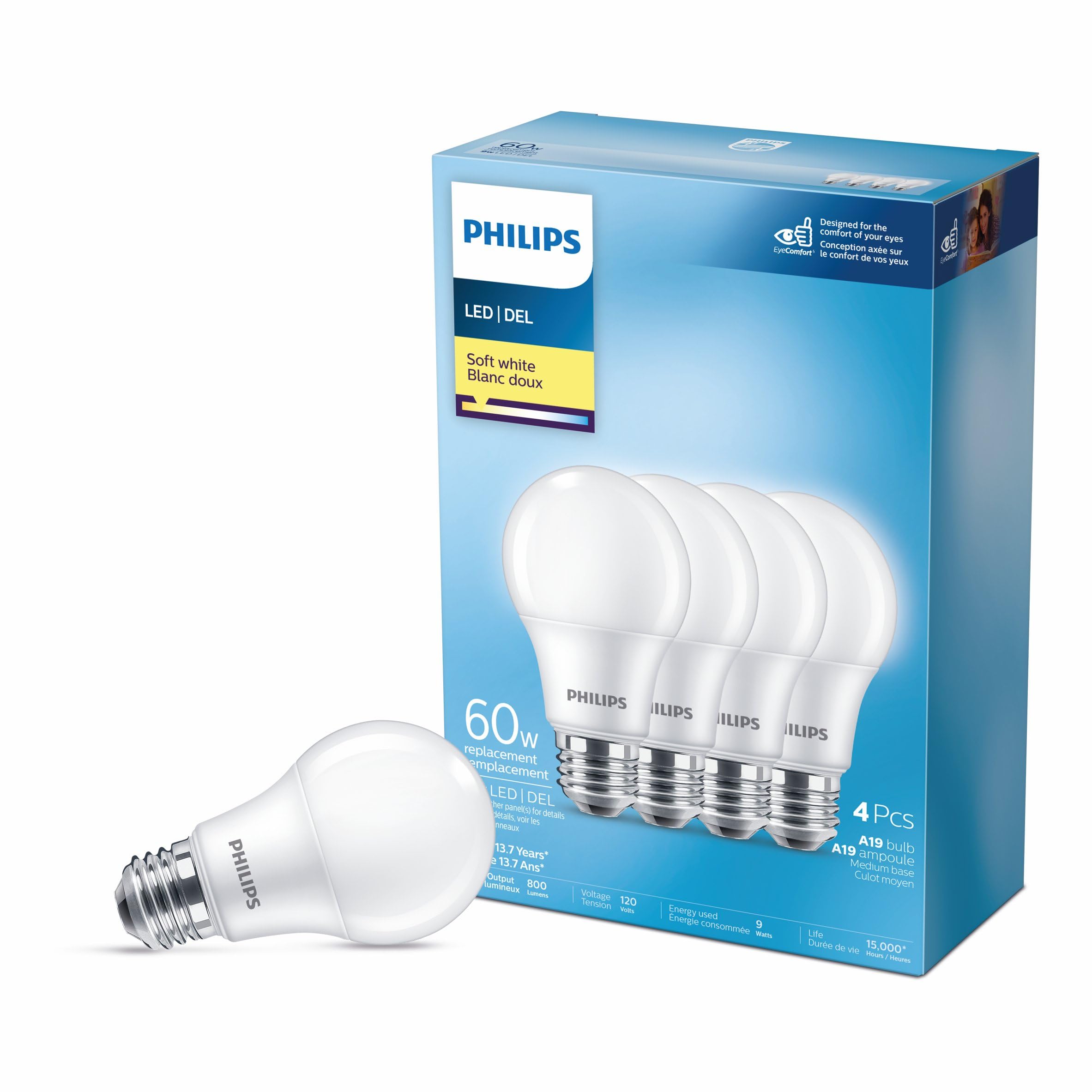 PHILIPS 463380 Led 60W A19 Soft White Non Dimmable(2700K)-4 Pack(Packing may Vary)