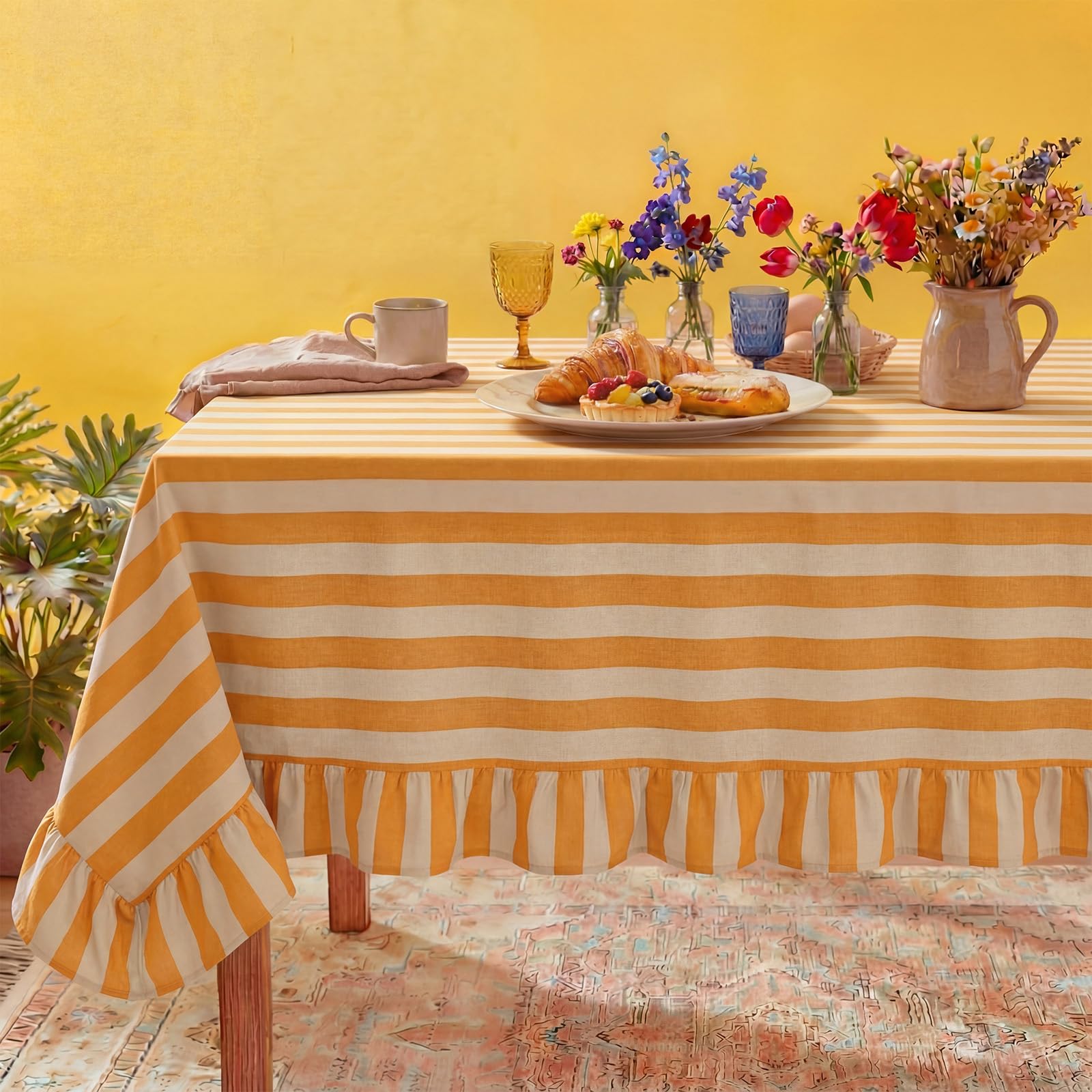 Photo 1 of Tudomro 1 Pcs Ruffle Edge Striped Tablecloth, 84'' x 60'' Scalloped Table Cover, Farmhouse Linen Fabric Cloth for Rectangle Table, Dining Room Bridal Shower Wedding Holiday Party(Mustard, Ivory)