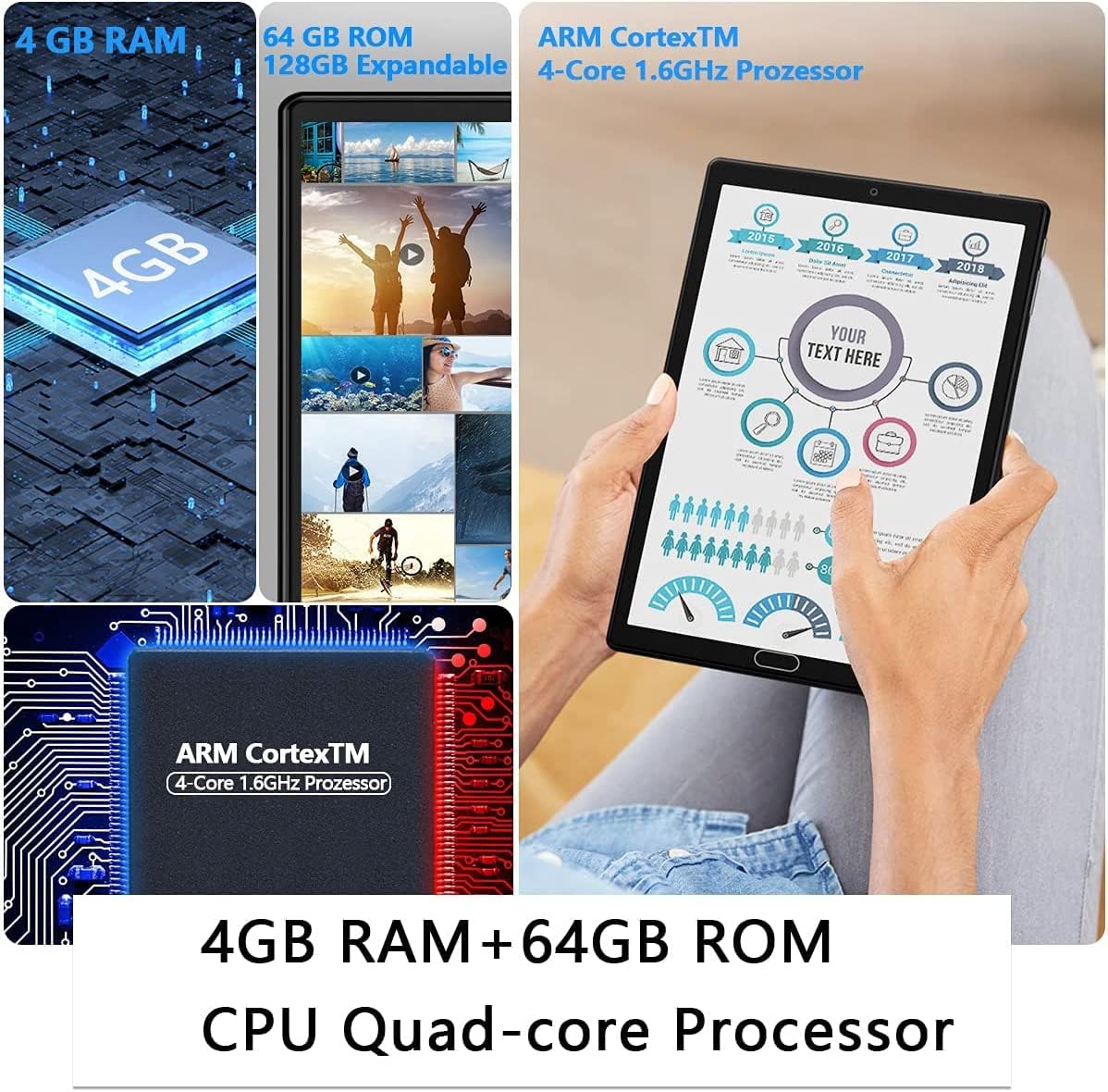 ZONKO K113B tablet highlighting IPS display, GPS, 6000mAh battery, and Bluetooth 5.0