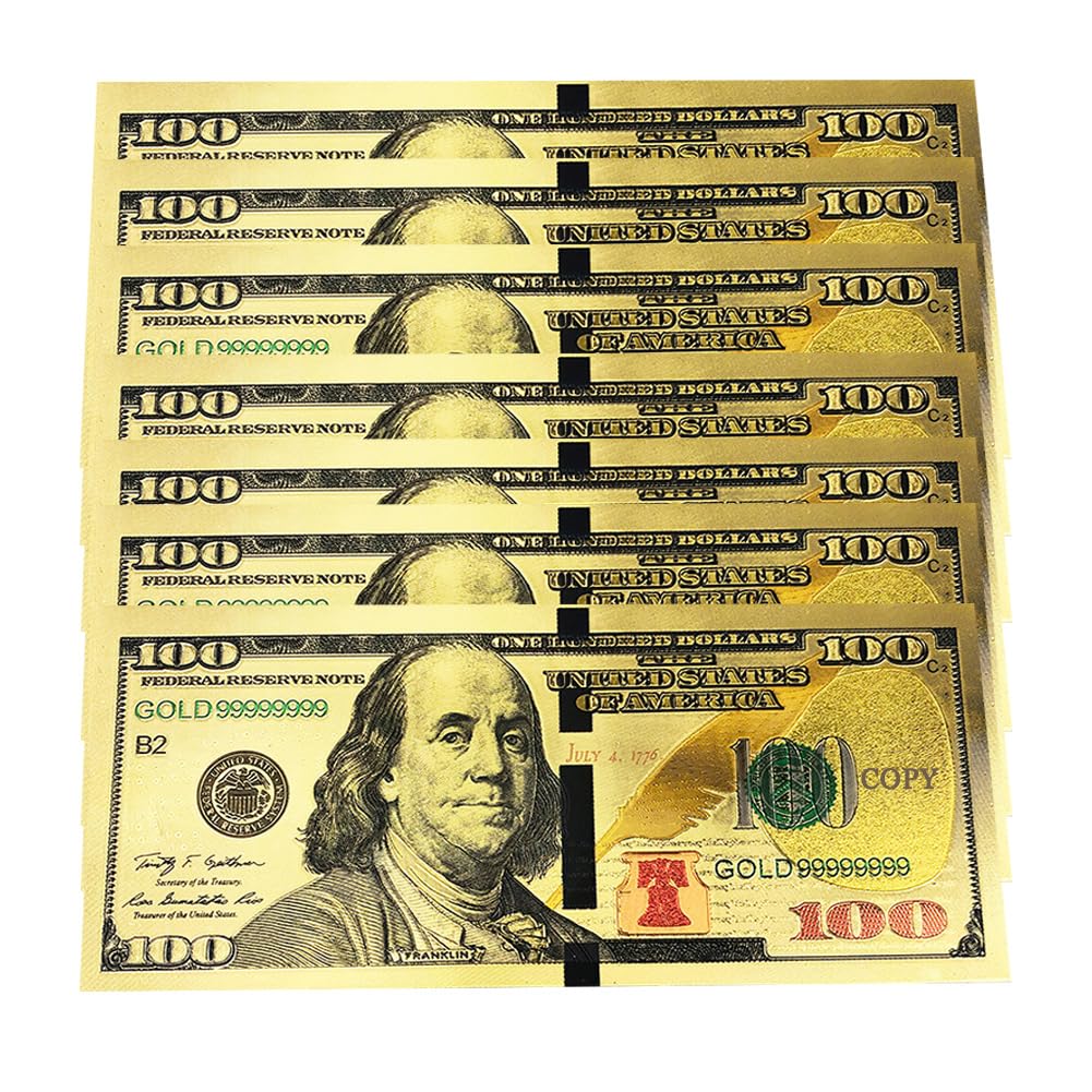 YIQILAFADA 10 PCS Gold Hundred Dollar Bills, Colored Gold Foil Bill for Bookmark Bill Note for Abundance & Prosperity