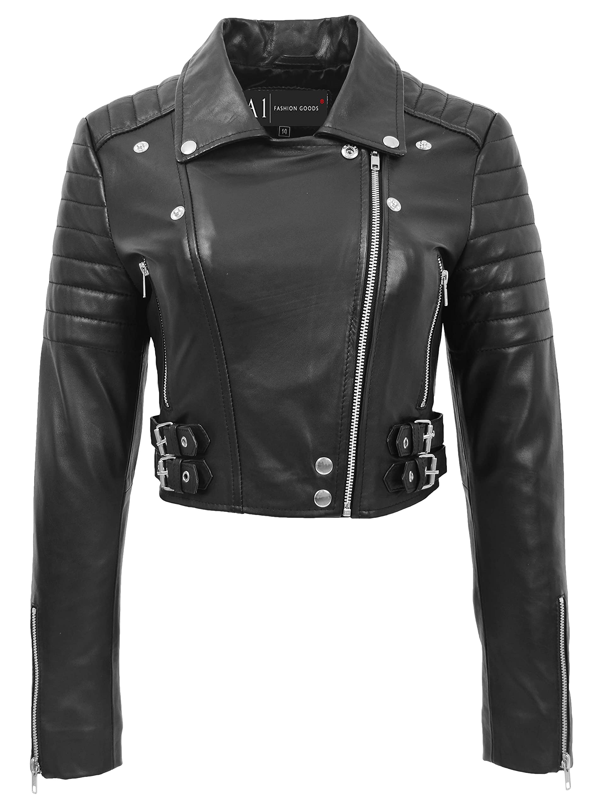 A1 Fashion Goods Damen-Bolero-Jacke aus Leder, tailliert, bauchfrei, verschiedene Farben, Erika, Schwarz, 44