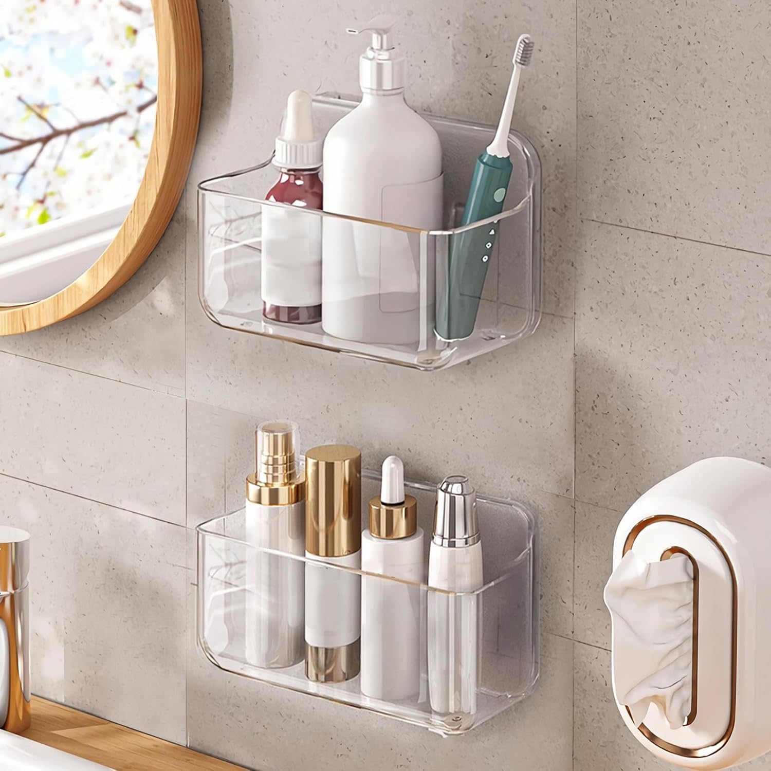 Diesisa 2pc Acrylic Wall Mount Organizer Adhesive Clear Cabinet Door Organizer Acrylic Shelves for Wall No Drilling Hang