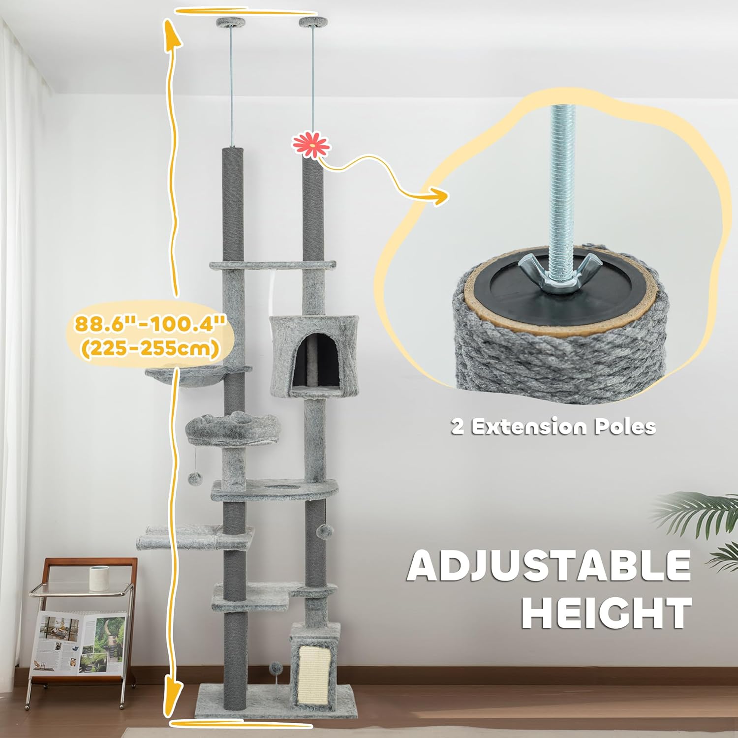 Adjustable Gray Floor-to-Ceiling Cat Tree Tower with Hammocks and Condo