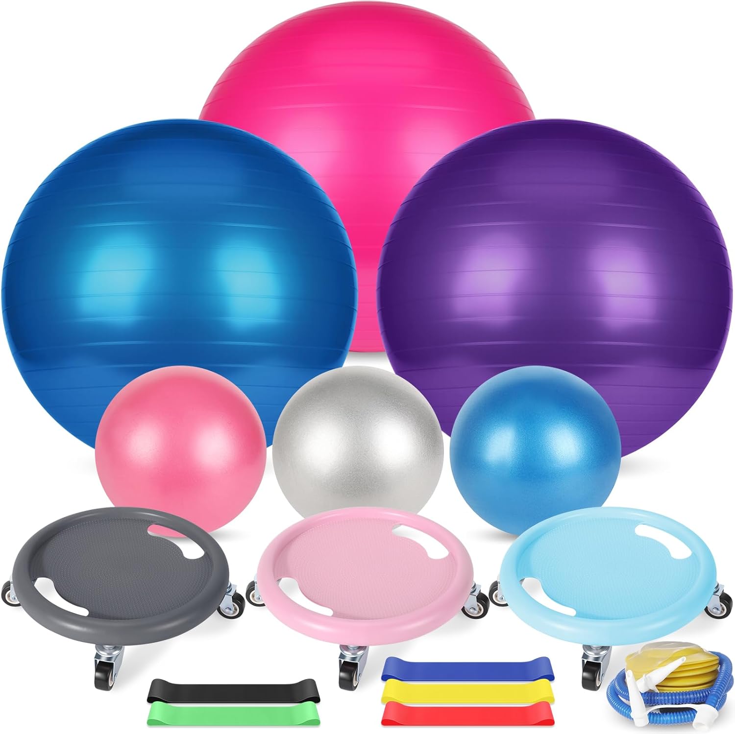 14 Pcs Yoga Pilates Equipment for Women Include Abdominal Roller Wheel 26 Inches Pilate Ball with Pump Exercise Resistance Bands 9.8 Inches Fitness Balls for Home Office Gym Fitness