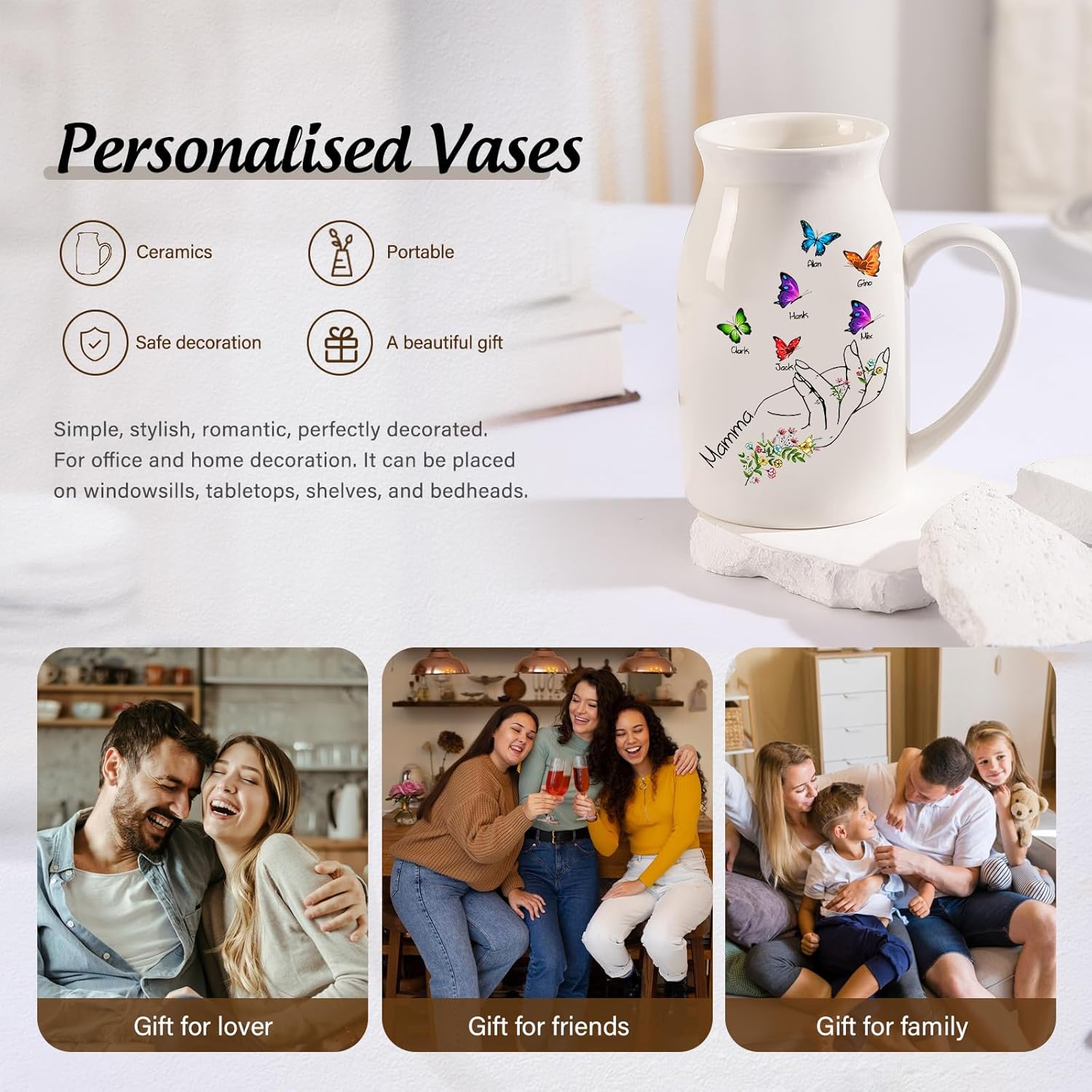 Personalized Gifts for Mom Mothers Day Flower Vase - Custom 2-8 Names & Text Flower Butterflies Vase Decoration Gifts for Grandma Wife
