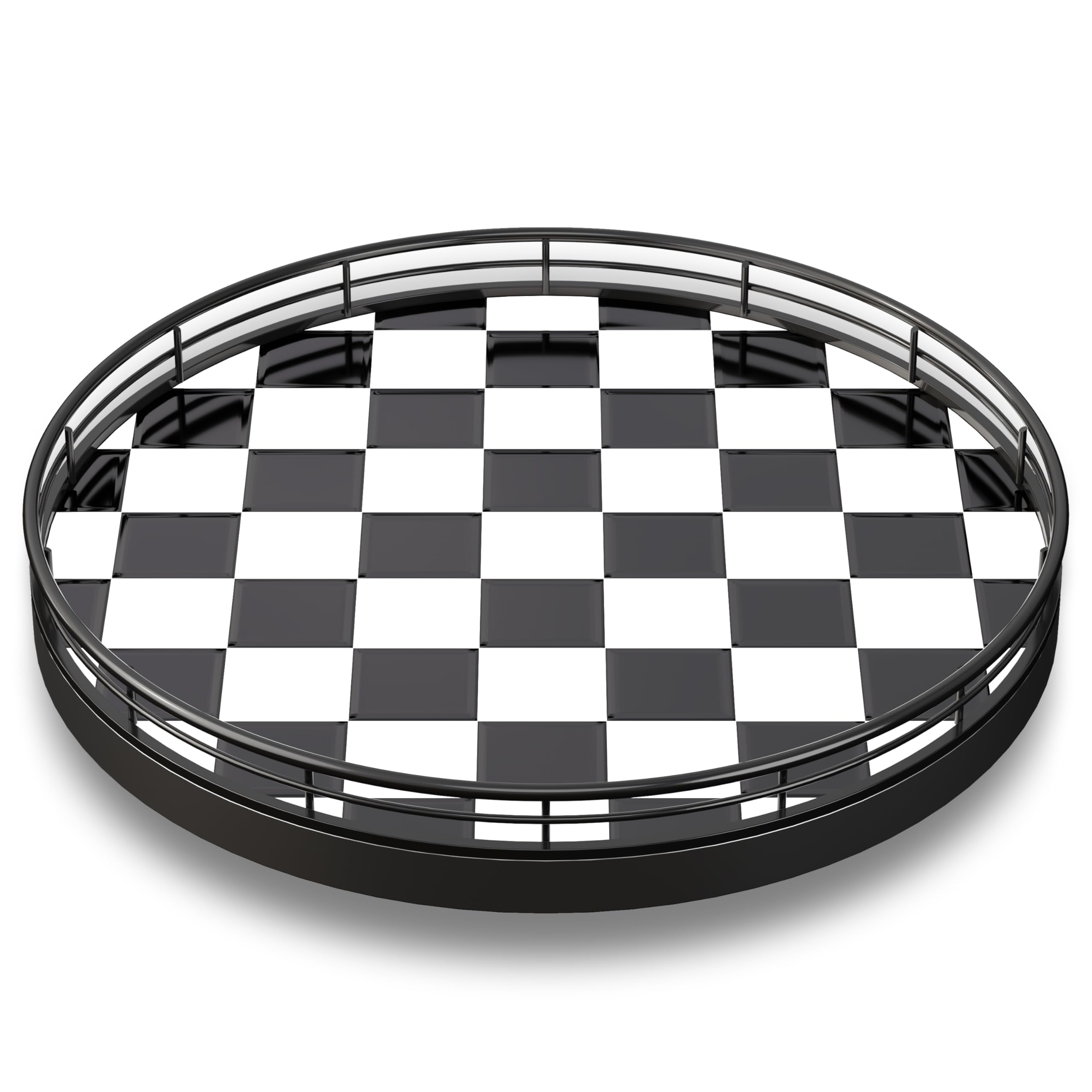 Organizador Lazy Susan de 10.2 pulgadas de tablero de ajedrez blanco y negro, bandeja giratoria con base de roble, marco de hierro y azulejos de cerámica, perfecto para mesa de comedor, armario de