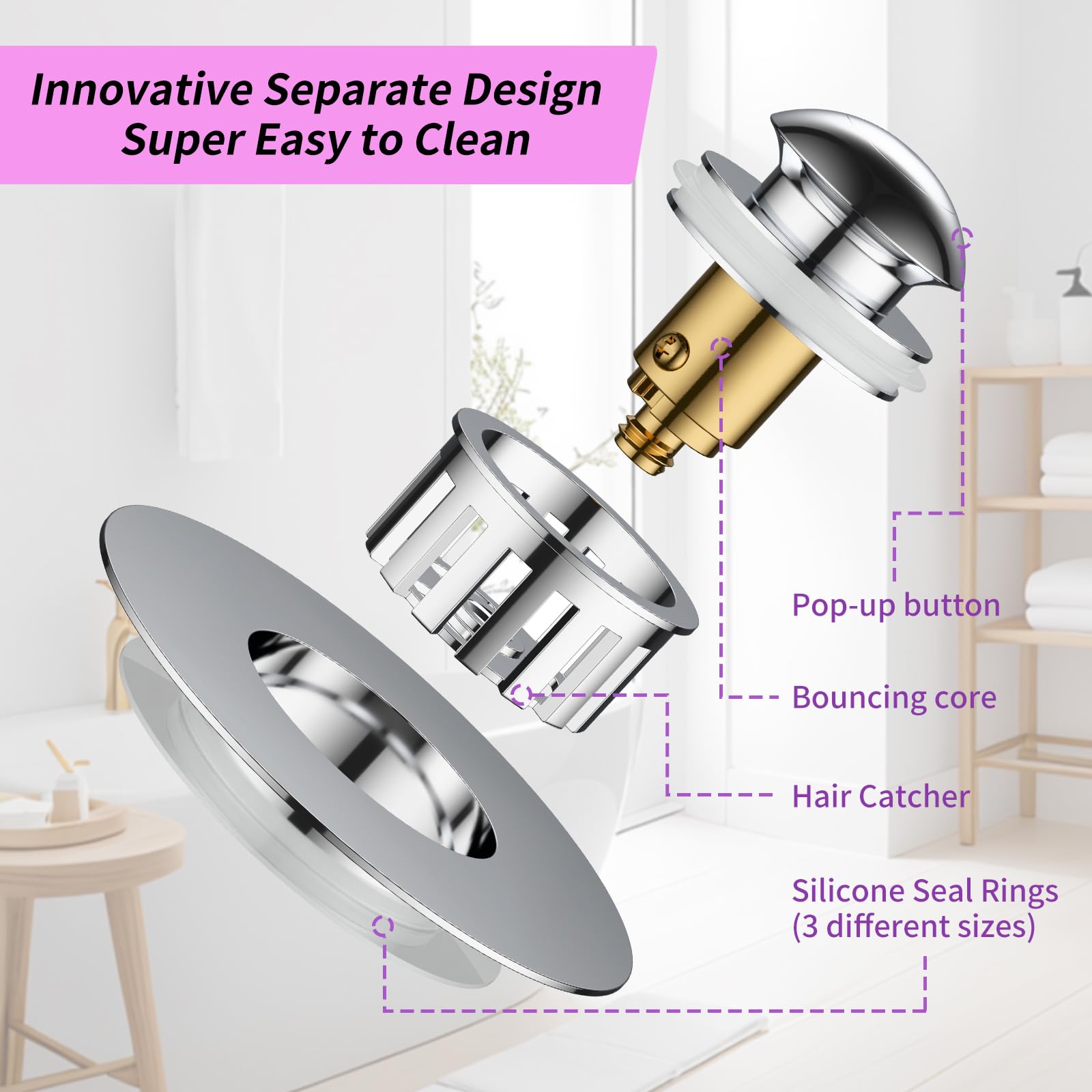 Bathtub Drain Stopper, 3-in-1 Pop-Up Bath Tub Stopper Plug with Hair Catcher, Innovative Separate Design for Easy Clean & Install, Universal for 1.42