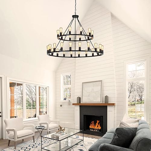 Miniatura 7 de Candelabro negro con rueda de carro, 2 niveles para lámpara de comedor, 30 luces de 48 pulgadas extra grande para techos altos, sala de estar,