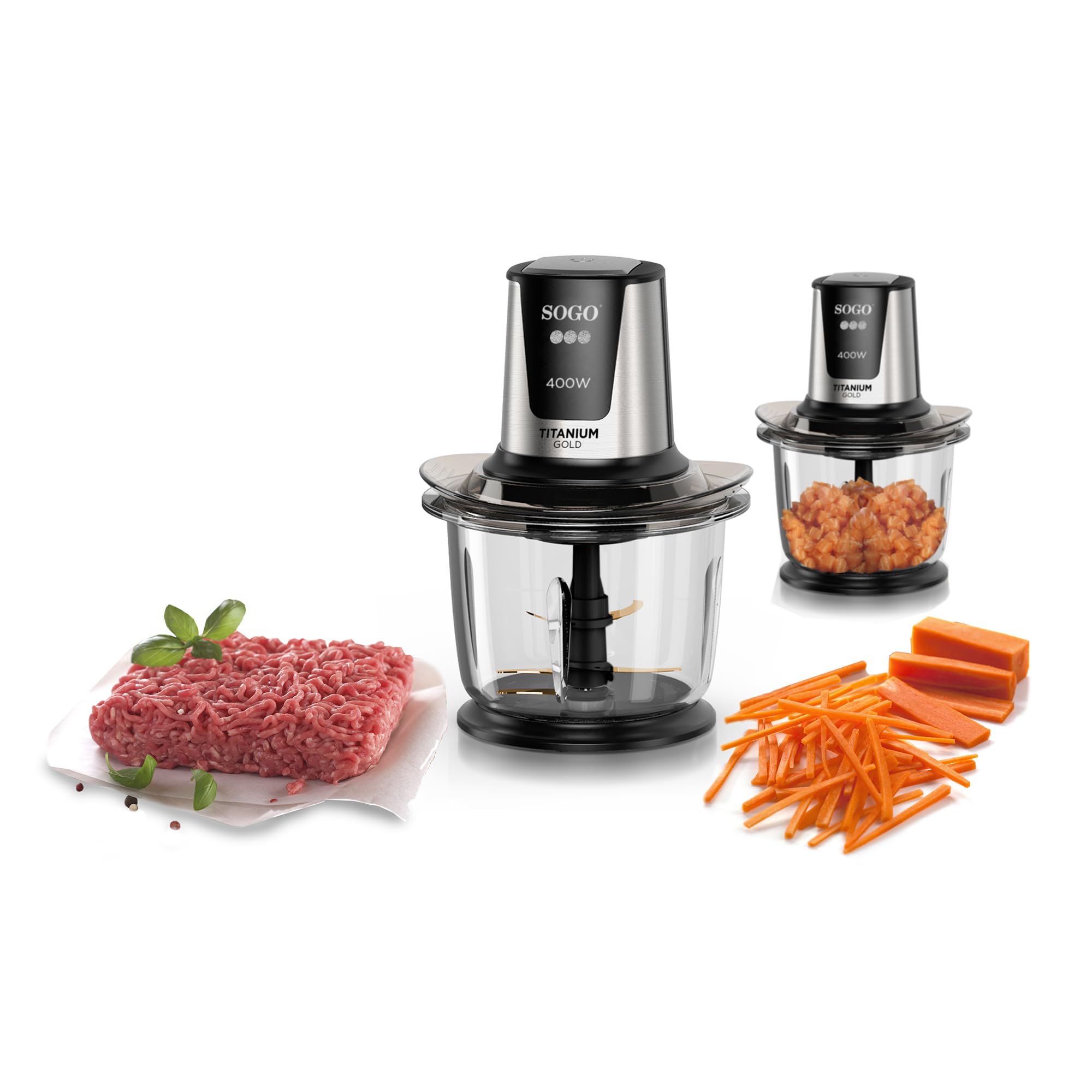 SOGO Picadora de Alimentos 400W con Bol de Vidrio 1.5L - Procesador de Comida con Cuchillas Acero Inoxidable - Tritura Carne, Verduras y Hielo - Mini Picadora Eléctrica con Bloqueo de Seguridad