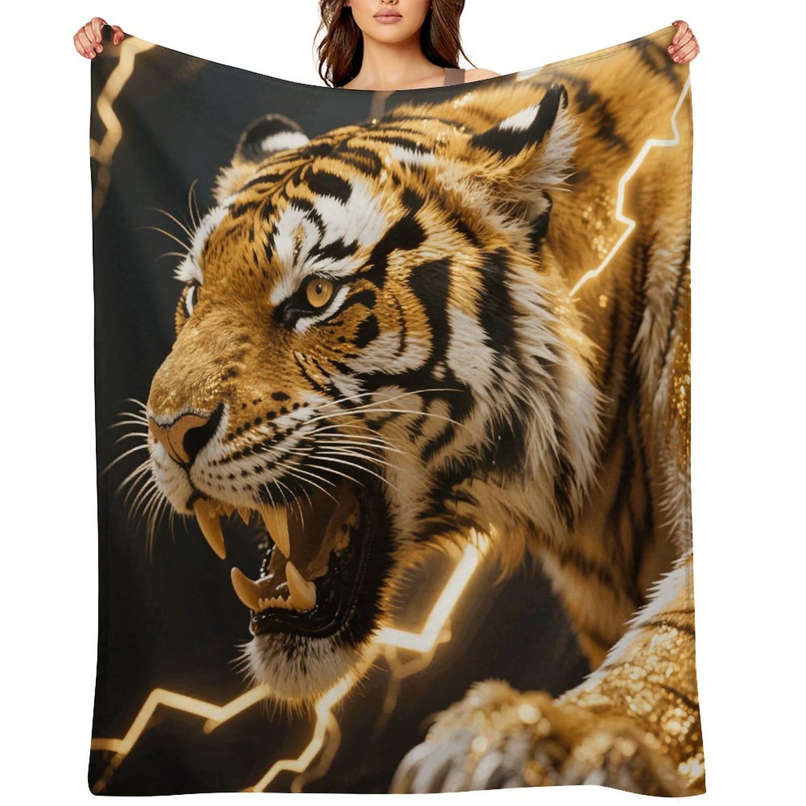 Gold Lightning Tiger Throw Blanket for Couch and Bed Super Soft Warm Lightweight Throw Blankets Cozy Fuzzy Flannel Blanket Personalized Decorative Blankets for Sofa Decor 60"x80"