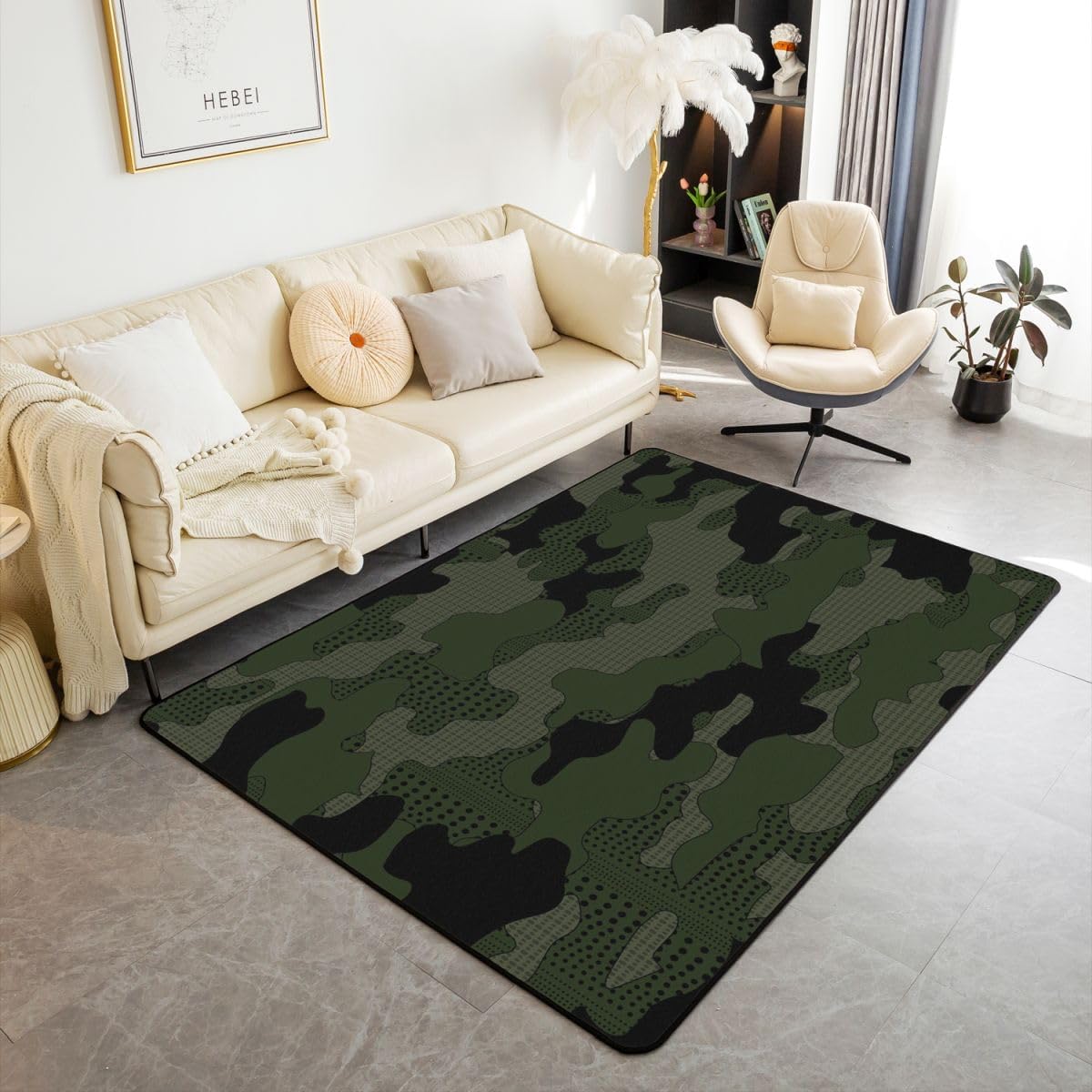 jejeloiu Camouflage Area Rug 4x5 Camo Rugs for Living Room Bedroom Military Style Green Grey Accent Rug