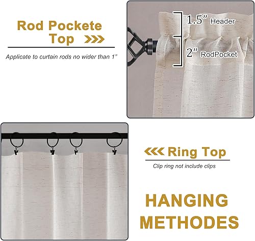 Miniatura 4 de OWENIE Juego de 2 paneles de cortinas semitraslúcidas de 63 pulgadas de largo, cortinas naturales para dormitorio, sala de estar, cortinas de granja