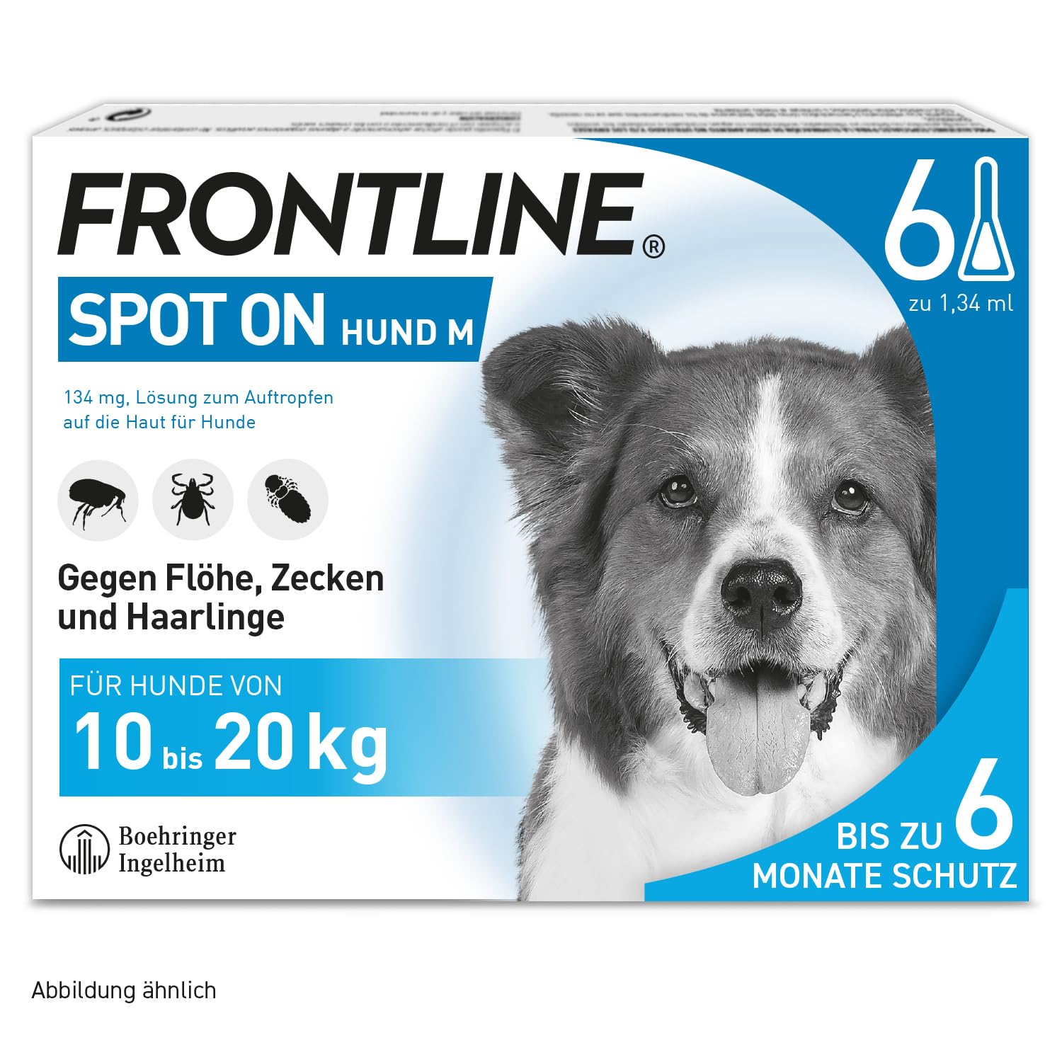 FRONTLINE Spot ON Hund M gegen Zecken, Flöhe & Haarlinge (10 bis 20 kg) | 6x Pipetten für bis zu 6 Monate Schutz - einfache Anwendung, gute Verträglichkeit - wasserfest