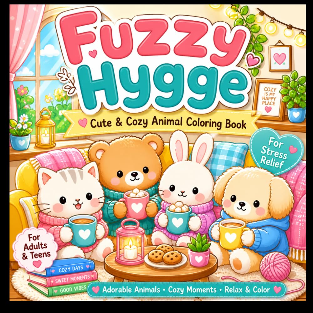 Fuzzy Hygge: Cozy Animal Coloring Book for Adults & Teens: Simple Cute Hygge Scenes for Relaxation, Stress Relief & Cozy Coloring Fun
