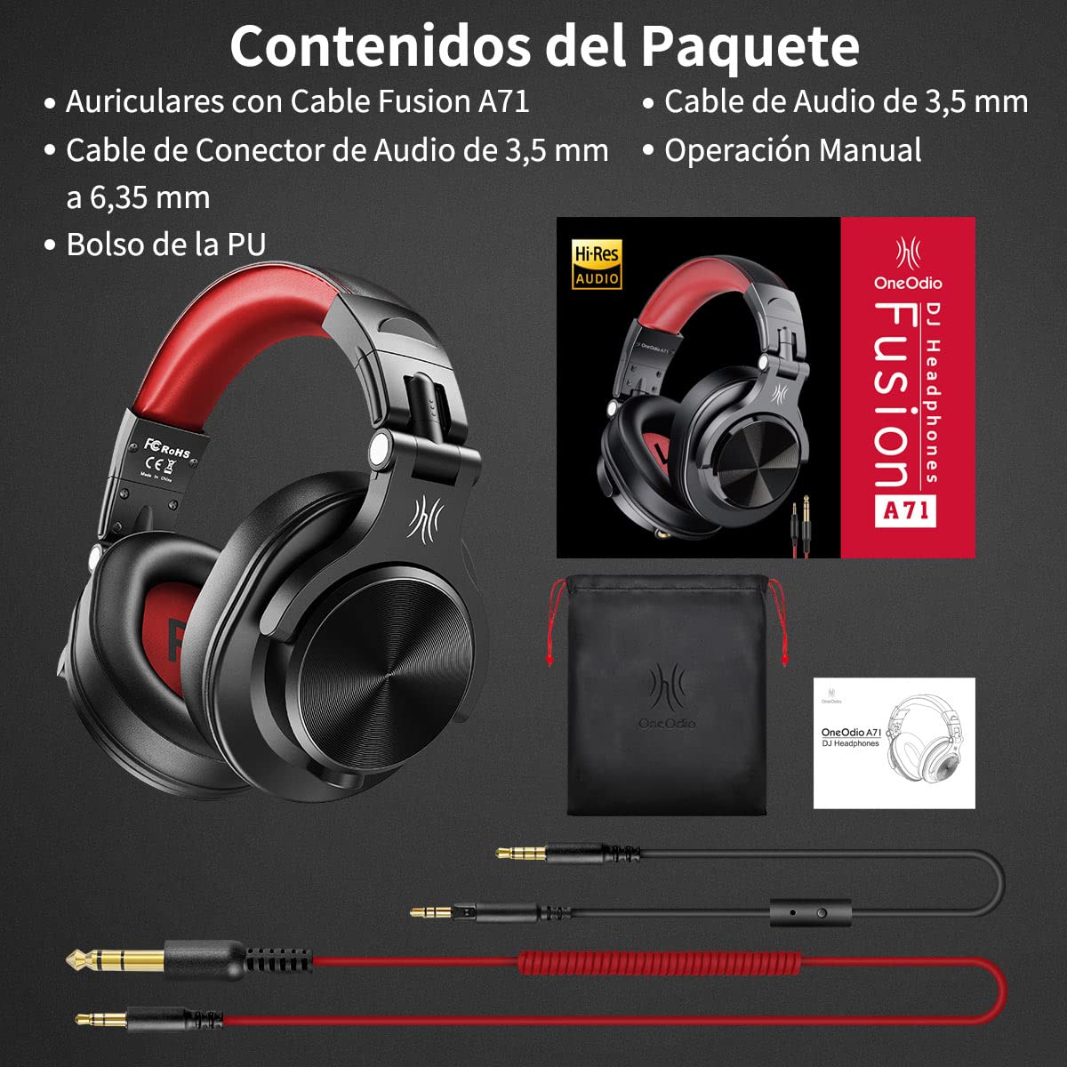 Auriculares OneOdio sobre la oreja, auriculares DJ con cable, auriculares HiFi de estudio con puerto compartido para monitor de grabación AMP de guitarra de piano e-drum (Rojo2)
