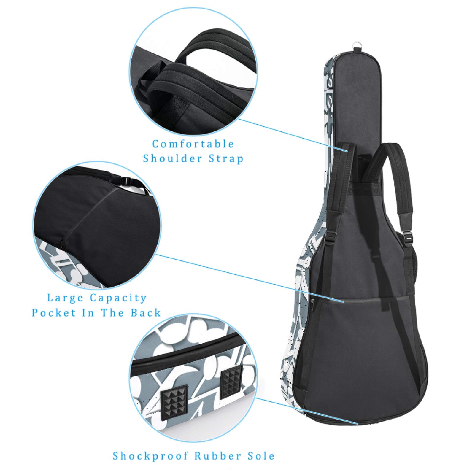 Borsa per chitarra impermeabile con cerniera morbida zaino per chitarra, chitarra acustica e classica folk chitarra elettrica chitarra musica note grigio
