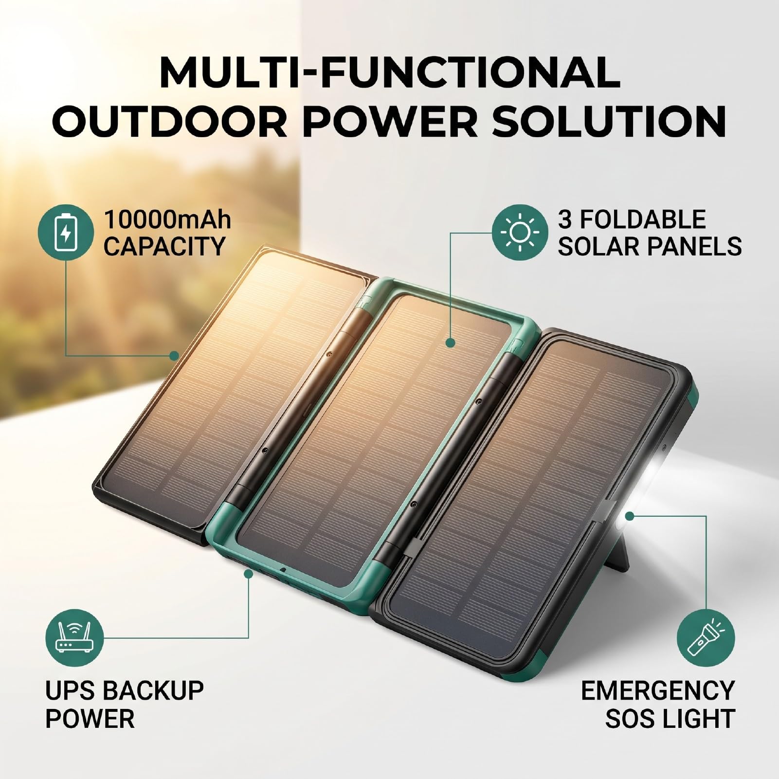 Banco De Energía De Carga Solar, Paquete De Reserva Externo De La Batería 10000mah con USB C Entrada Salida LED Sos Linternas Incorporado 3 Paneles Solares Plegables
