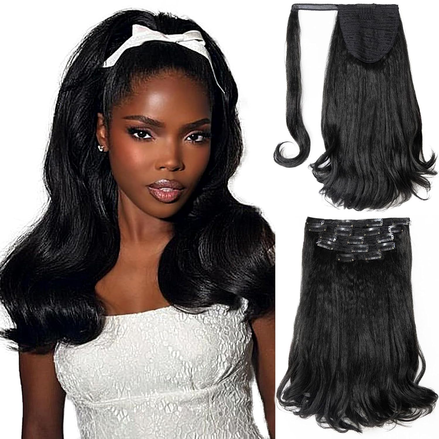 6PCS Half Up Half Down Ponytail Set, 3 in 1 Kinky Straight Clip in Wrap Ponytail Hairpiece Black 16inch Long Thick Yaki Pony Tail with Clip in Hair Pieces for Women - #1B, 16"