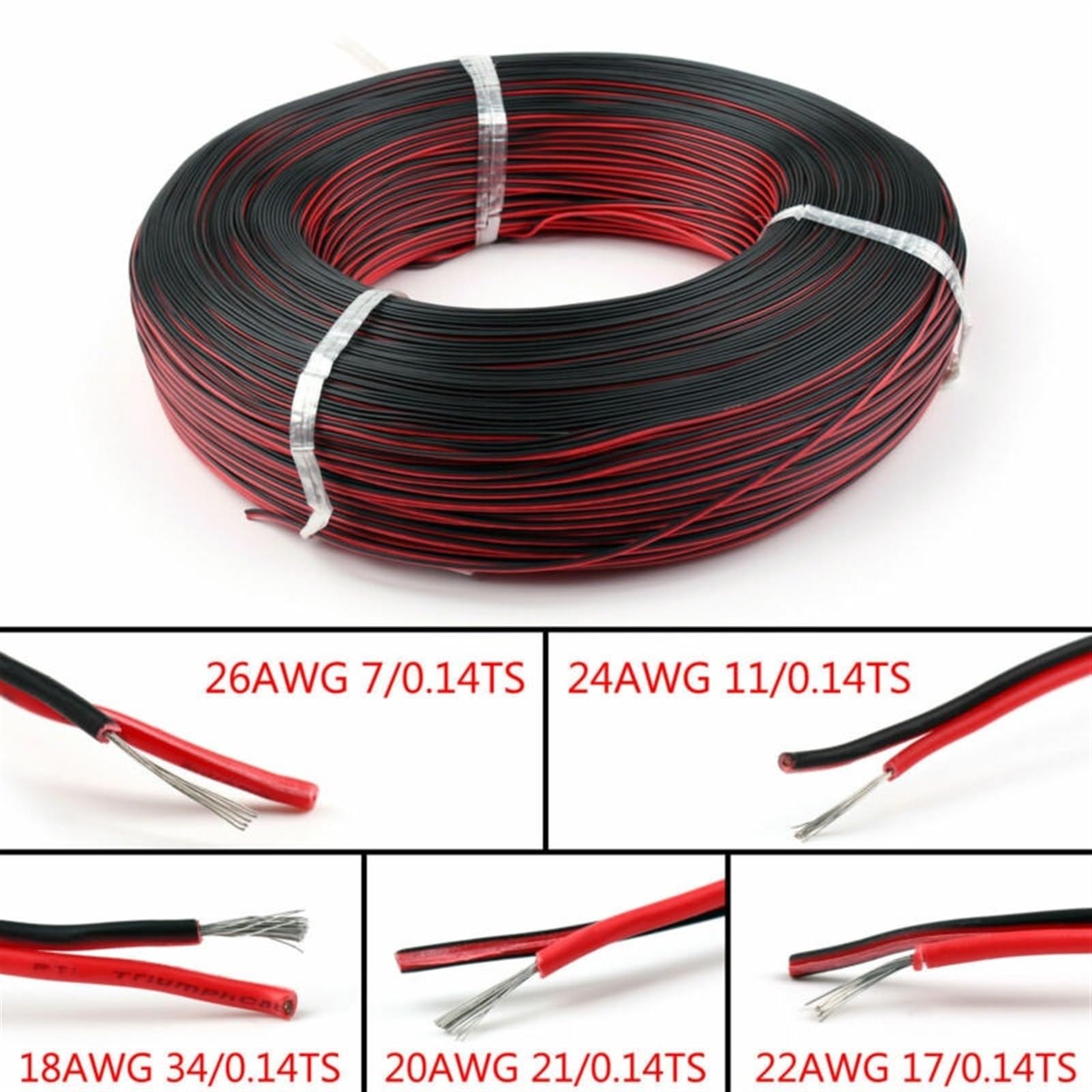 Outdoor Extension 16AWG to 26AWG 2Pins Copper Wire DIY LED Lamp Connector Red and Black Flat Ribbon Cable 300V Solar sheathed (Size : 5meter, Color : 24AWG)