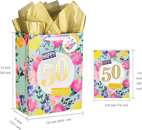 Miniatura 9 de WRAPAHOLIC Bolsa grande de regalo de cumpleaños para mamá de 13 pulgadas con tarjeta y papel de seda, elegante diseño floral con diseño de feliz
