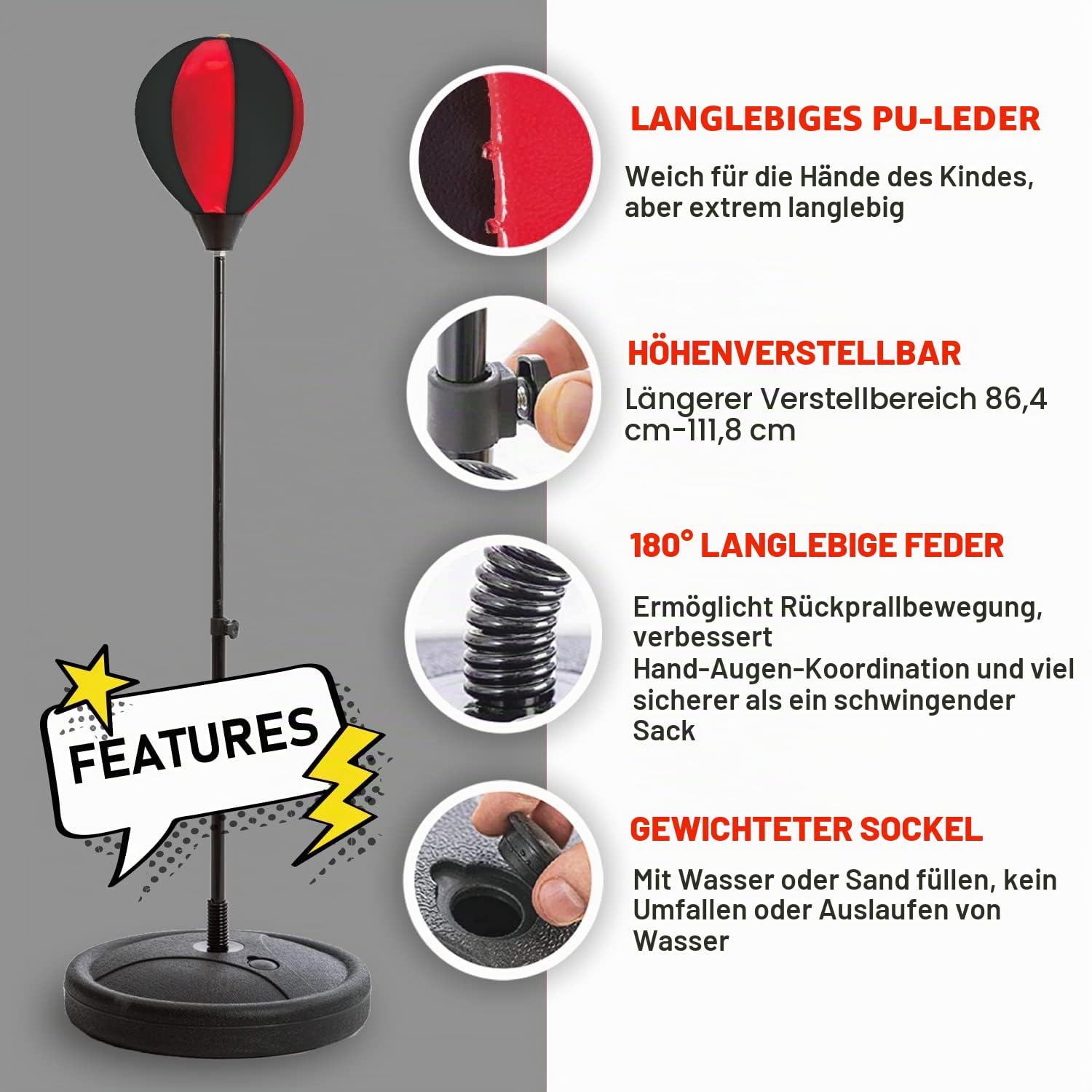 Whoobli Boxball für Kinder inkl. Boxhandschuhe, 3 - 10 Jahre, verstellbarer Kinder-Boxball mit Ständer, Boxball-Set Spielzeug für Jungen und Mädchen (Rot-Weiß)