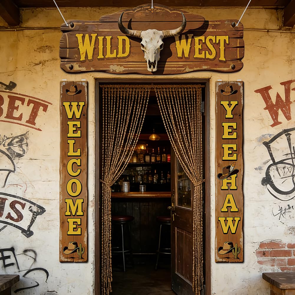 SUPERDANT 3 Pcs Western Party Banner Cowboy Porch Sign Wild West Decor 180x30cm 180x68cm Polyester with 6m Ropes and 7 Hooks for Rodeo Birthday Baby Shower Cowboy Themed Party