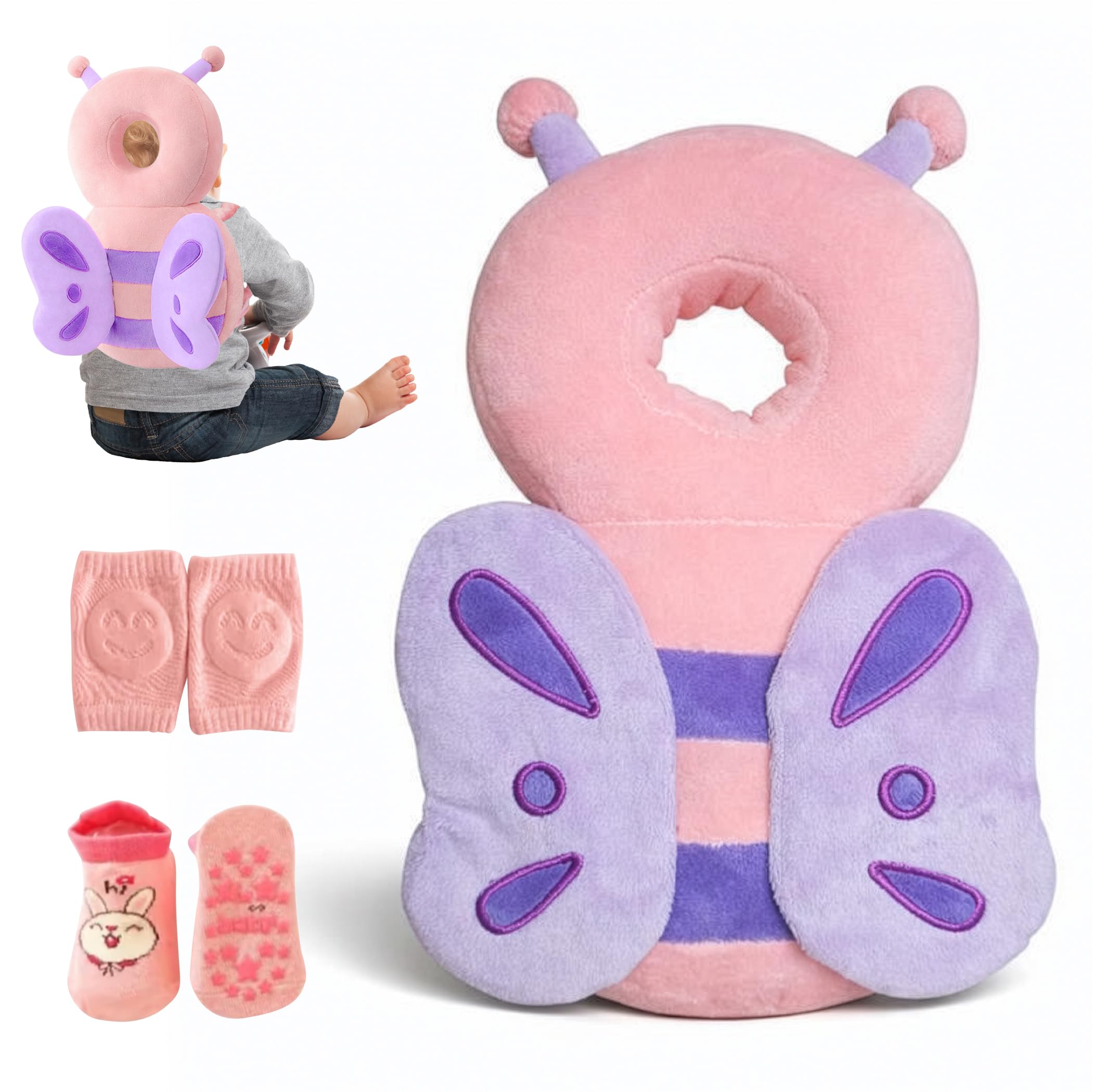 HippoBaby Baby Head Protector Backpack, Soft &amp; Breathable Cushion for Toddlers, Adjustable Straps, Cartoon Safety Pillow for Crawling &amp; Walking, Infant Protection for Head &amp; Back (Butterfly)