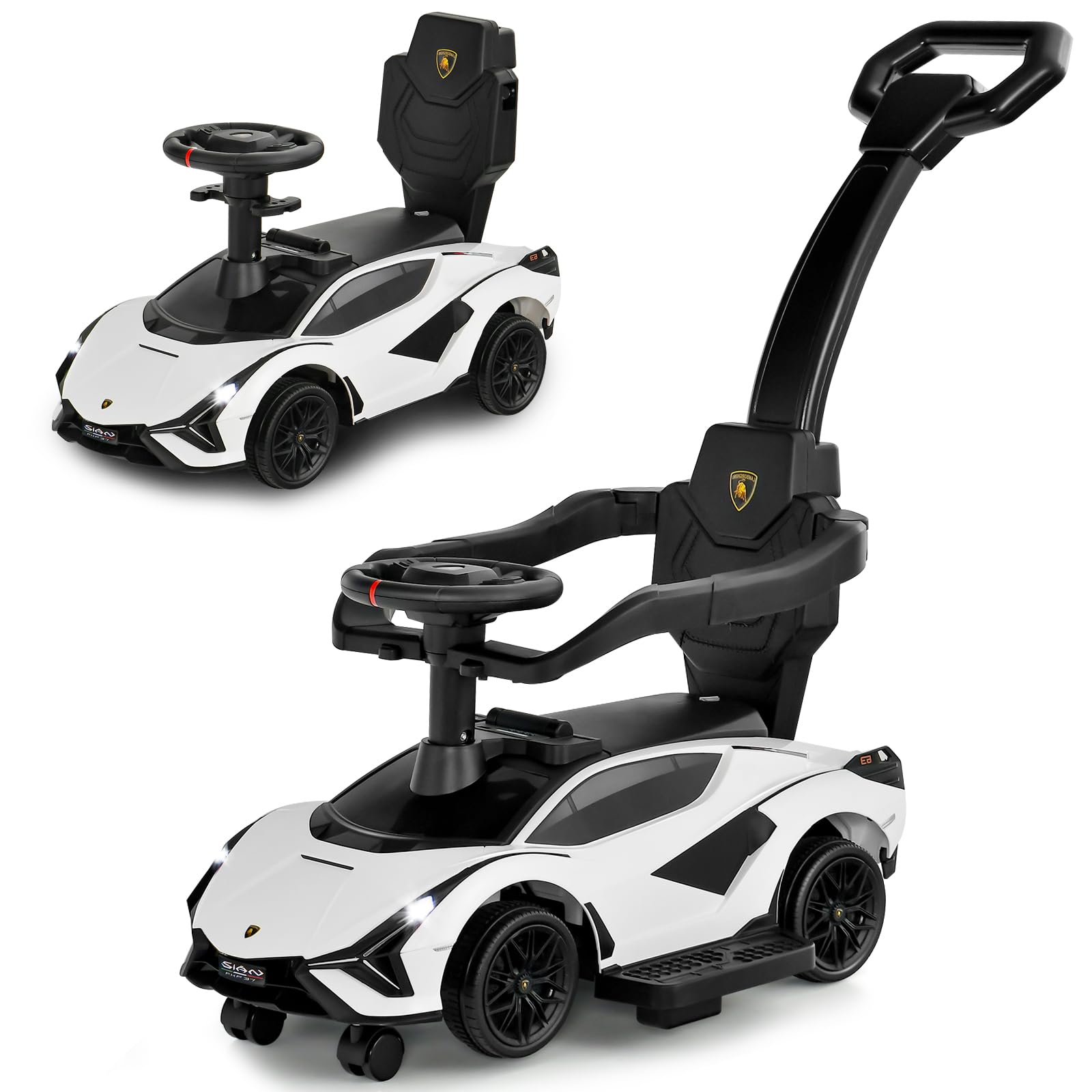 INFANS 3 in 1 Licensed Lamborghini Ride on Push Car with Parent Control Handle, Sliding Walking Car with Music, USB, Headlight, Under Seat Storage, Foot-to-Floor Toy for 18-60 Months (Ivory)