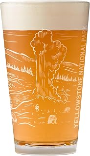 Yellowstone National Park Aerial Illustration Pint Glass - 16 oz Beer Glasses, Durable Bar Glassware, Dishwasher Durable Drinking Glass, Great Gift