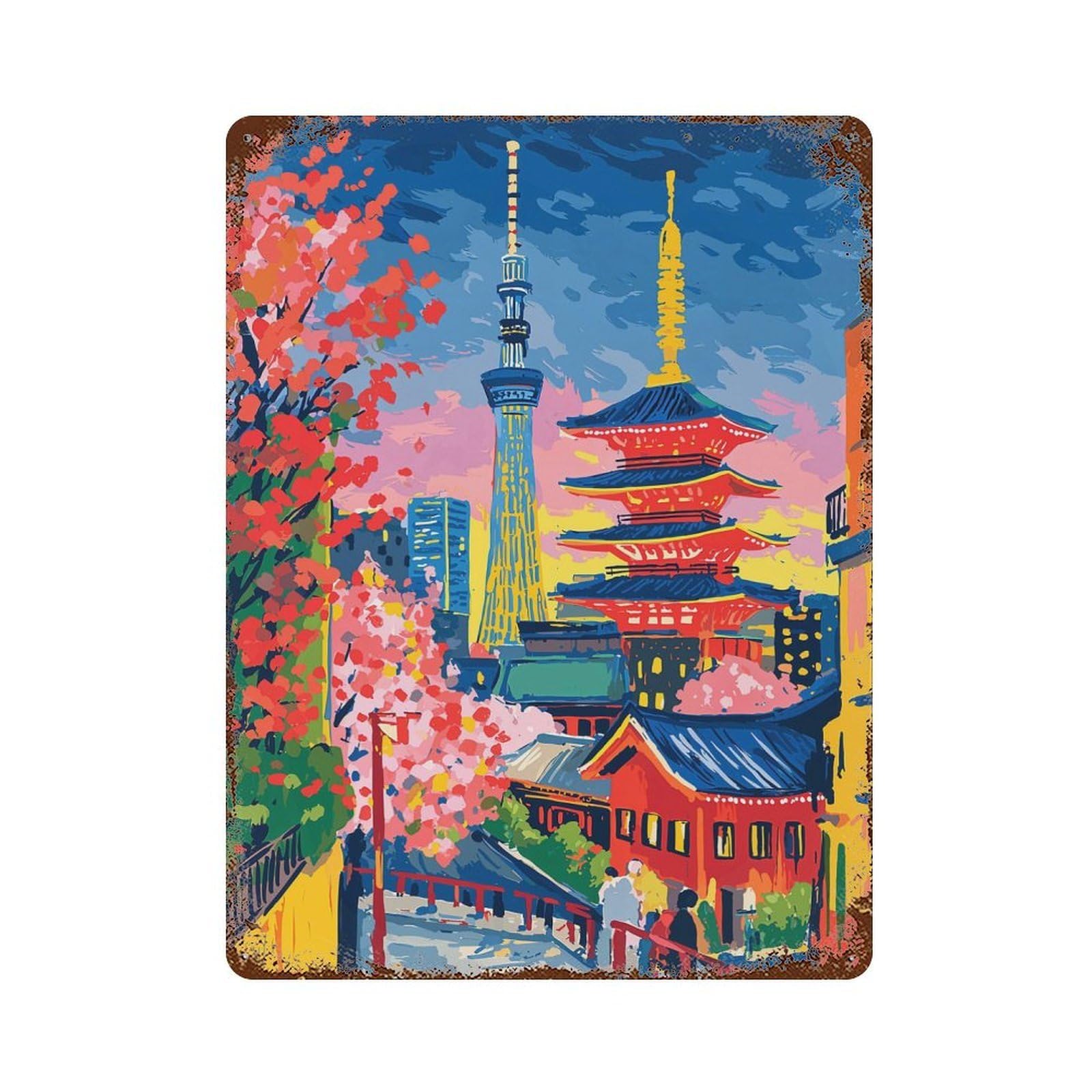 Rust Effect Tokyo Cityscape with Tower And Pagoda Retro Metal Sign 15.7"x11.8", Classic Wall Plaque for Cafe, Home Bar And Lounge Decor