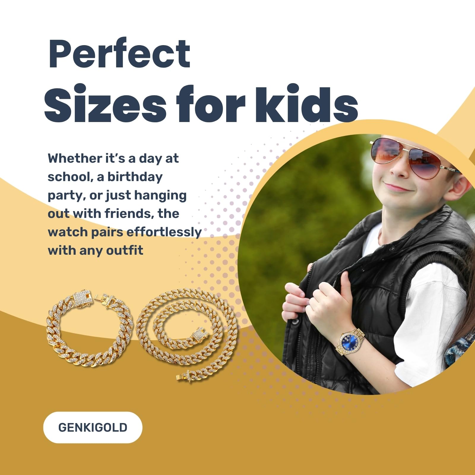 Diamantuhr für Teenager Jungen – 42mm Römische Ziffern Rundes Zifferblatt in 3 Farben – 18K Echtgold/Platin Plattiert 20cm Armband – Inkl. Einstellwerkzeug, Kombinierbar mit Cuban-Kette