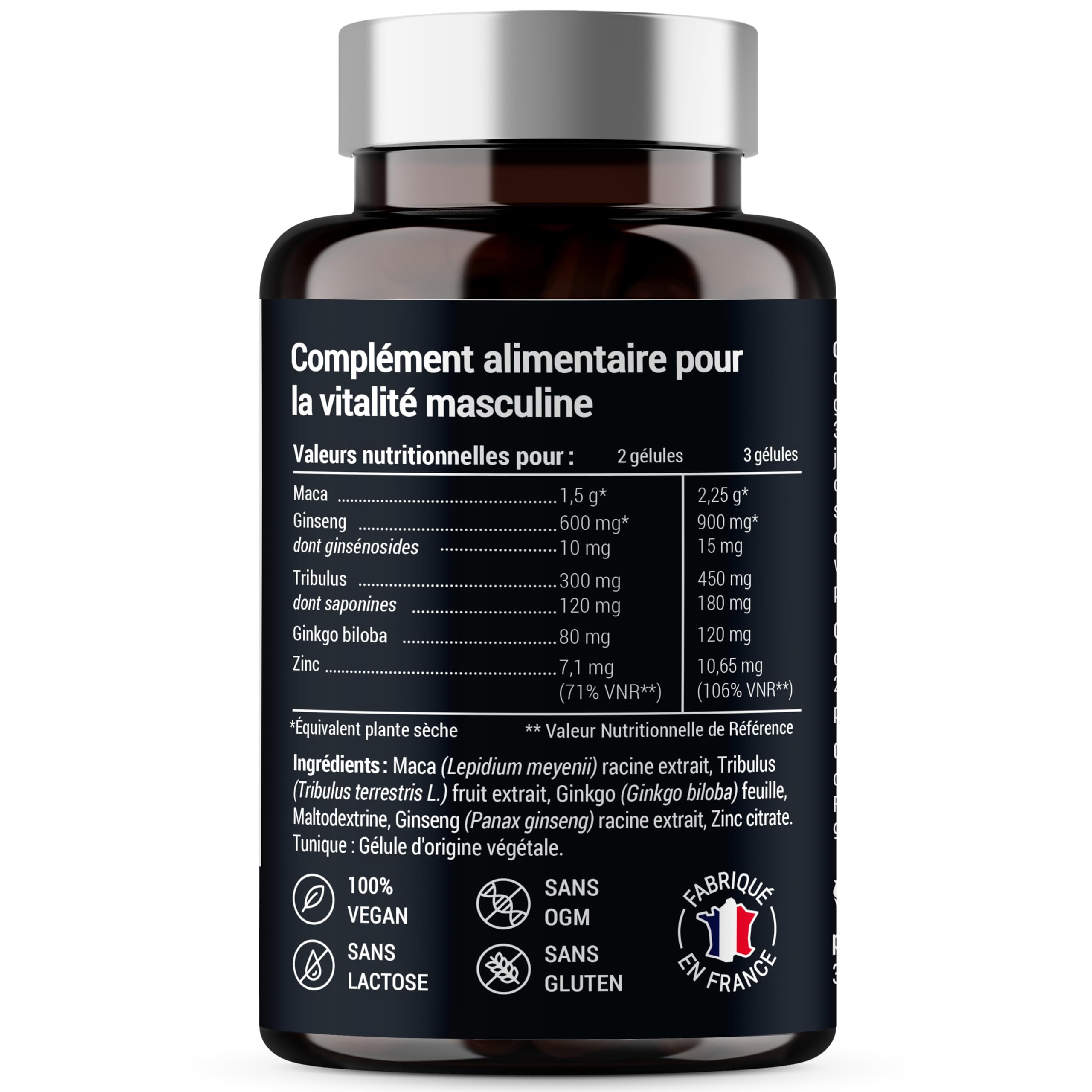 FORMULE HOMME | Vigueur, Puissance, Endurance | Complexe de Plantes : Maca, Tribulus Terrestris, Ginseng, Ginkgo Biloba, Zinc | 60 Gélules | Fabriqué en France | Complement alimentaire