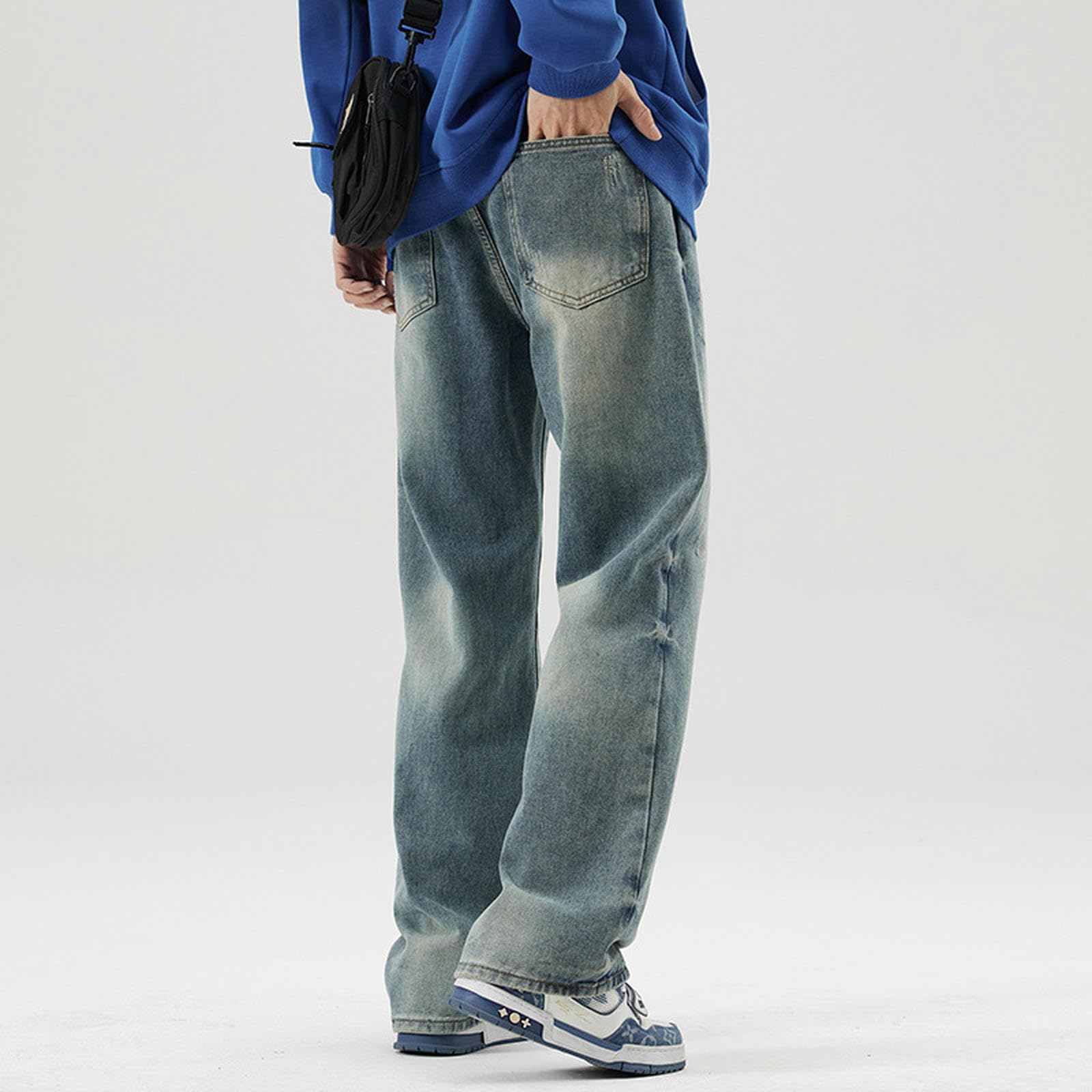 Jeans Blu Bianchi High Street Uomo Primavera Gamba Larga Pantaloni Dritti Larghi Casual Uomo-Bianco Blu-XL