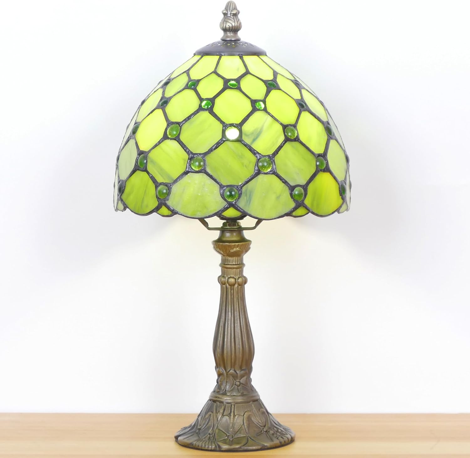 Small Tiffany Lamp Mini Stained Glass Table Lamp Pearl Style Bedside Accent Lamp Memory Sympathy 8X14.5 Inch (Green Yellow)