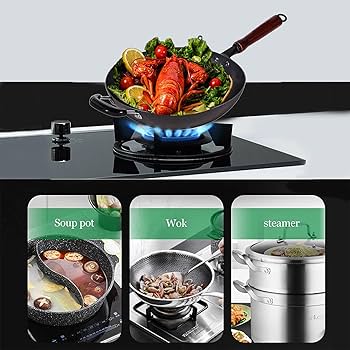 Amazon | 丸底中華鍋, 蓋付き中華鍋 こびりつきにくいノンコーティング