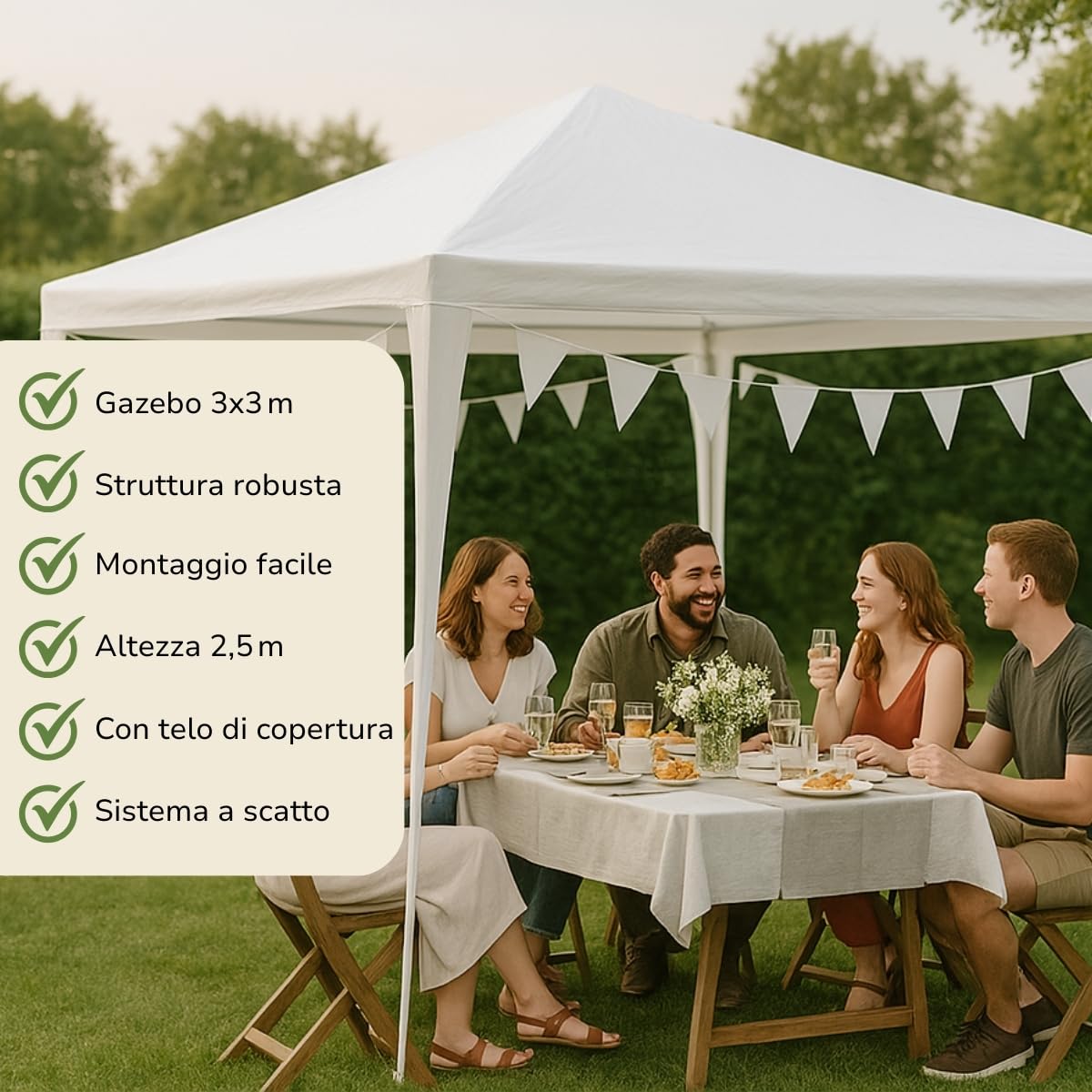 Kinzo Gazebo 3x3 Metri, Gazebo Esterno Resistente, Tendone per Feste Impermeabile, Capannone per Giardino Completo di Picchetti e Corde, Altezza 2.5 M, Bianco