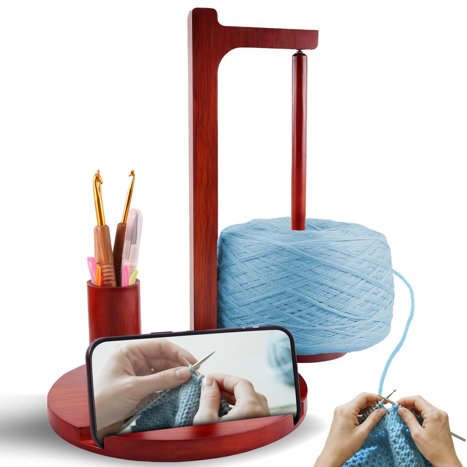 Soporte para hilo de ganchillo y tejer, giratorio magnético de madera con ganchos y agujas, soporte para teléfono y organizador de almacenamiento, regalo ideal para los amantes del tejido