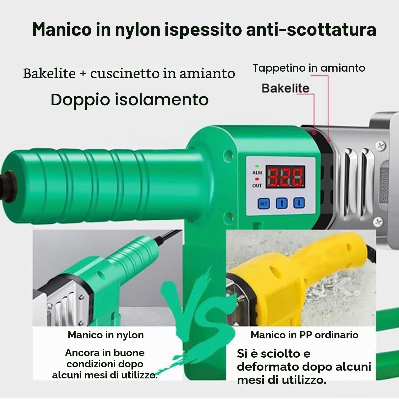 Saldatrice per fusione PP/PPR/PB/PE - Saldatrice per tubi da 1600 W, strumento per riscaldamento a caldo a doppio tubo con display digitale temperatura 0-380 ° C per saldatura di plastica