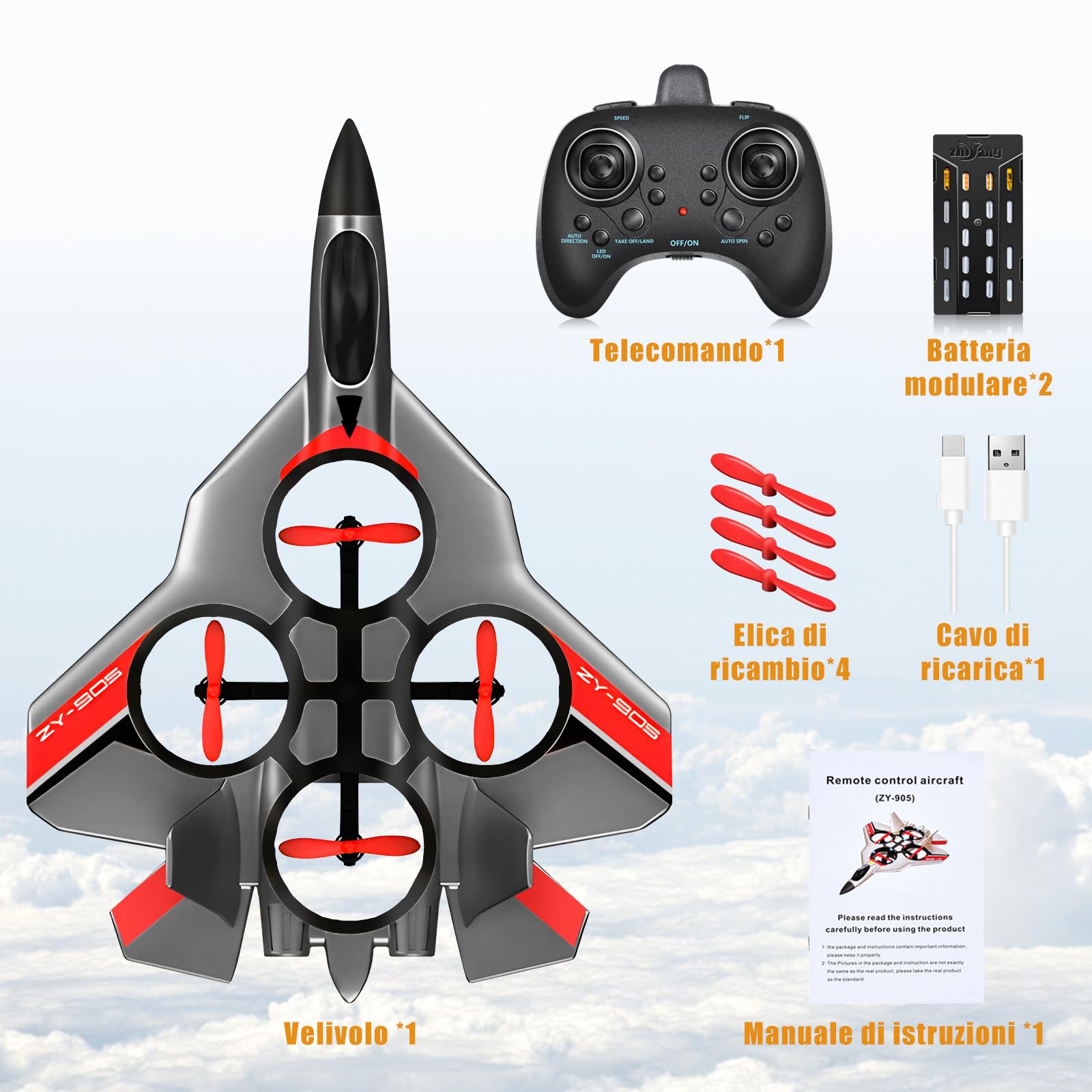 JONRRYIN Aereo Telecomandato, 2,4 GHz Aereo Radiocomandato Con Batterie e Stabilizzatore Giroscopio a 4 Assi con Luci a LED, Giocattolo Regalo per Adultos Bambini e Principianti (Grigio)