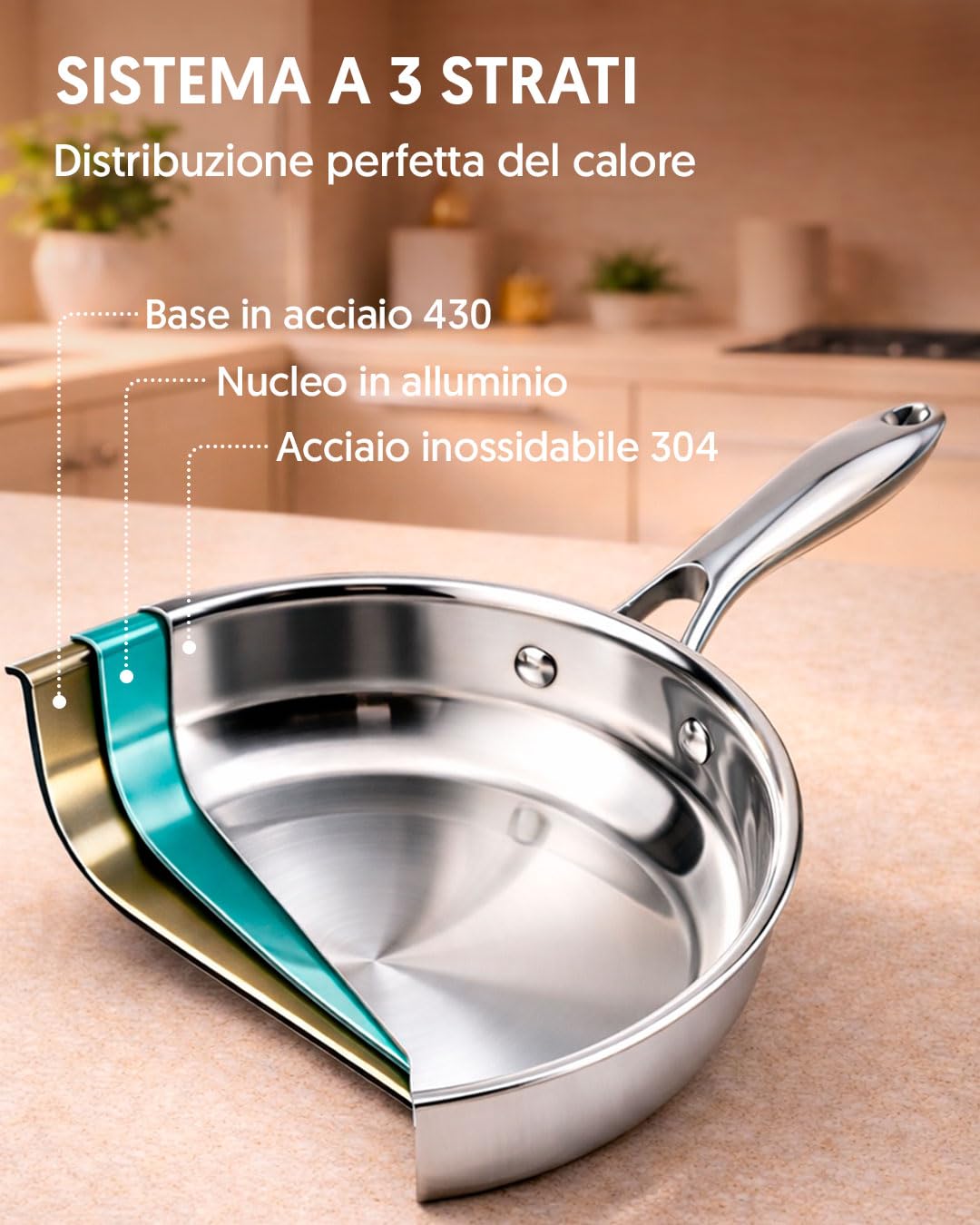 La Moustache - Set Pentole e Padelle 8 Pezzi in Acciaio Inox Senza Rivestimento, 3 Pentole con Coperchio in Vetro e 2 Padelle, per Induzione, Lavabile in Lavastoviglie, Ø16/20/24 cm (Titan Inox)