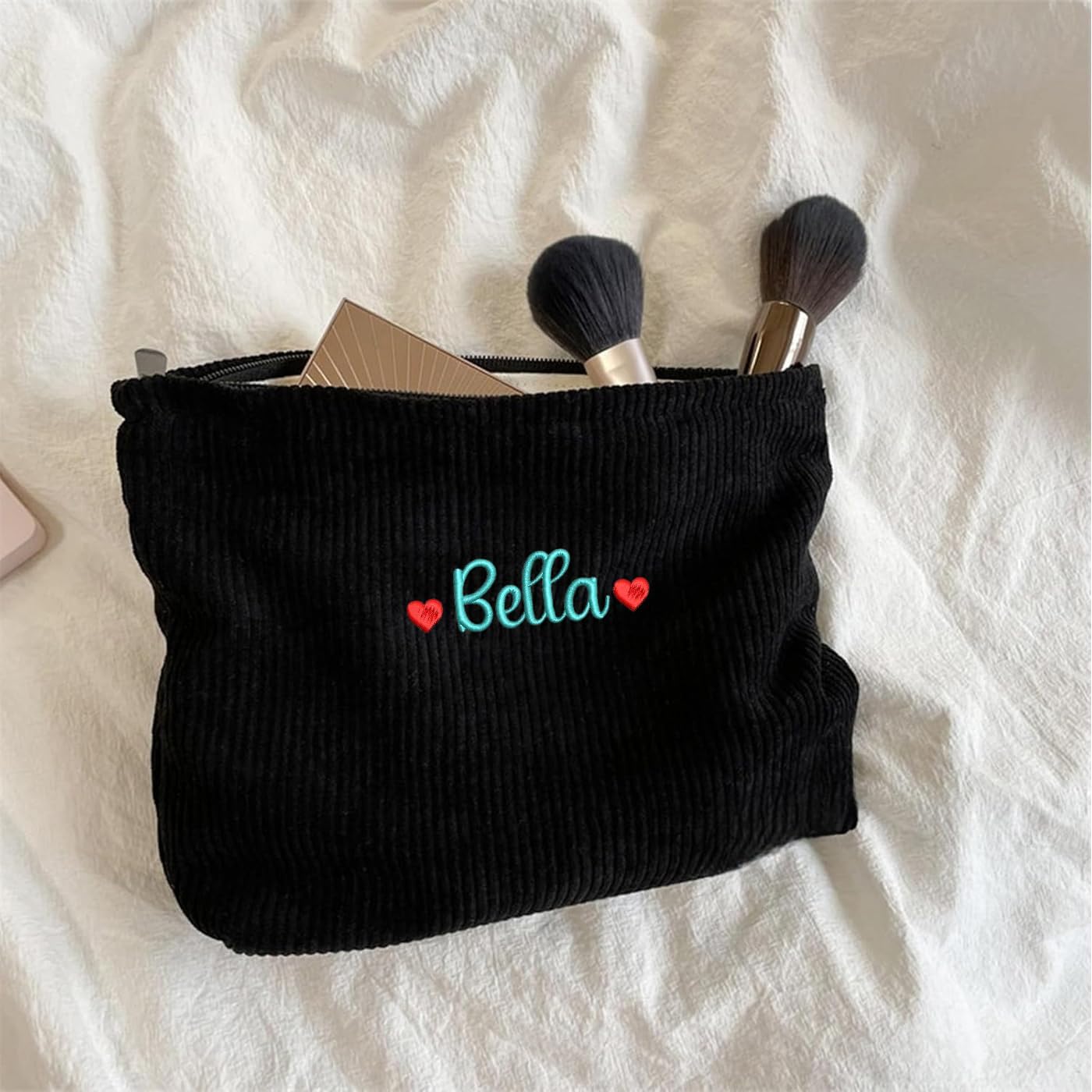 Personalised Corduroy Makeup Bag-Zippered Cosmetic Bag For Women Custom Embroidered Makeuo Pouch Organizer Gift for Her (3, Black)
