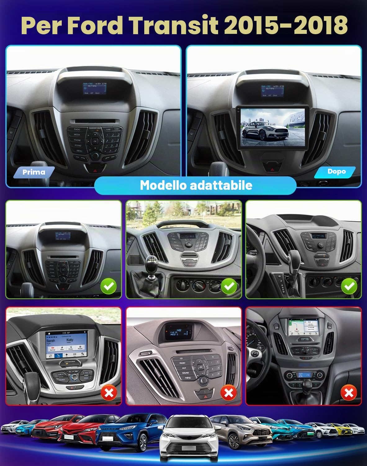 NHOPEEW 4+128G Autoradio per Ford Transit 2015-2018 con Wireless Carplay e Android Auto - Schermo incell da 9 pollici Supporto WiFi GPS Comandi al volante + Telecamera di retromarcia, Canbus
