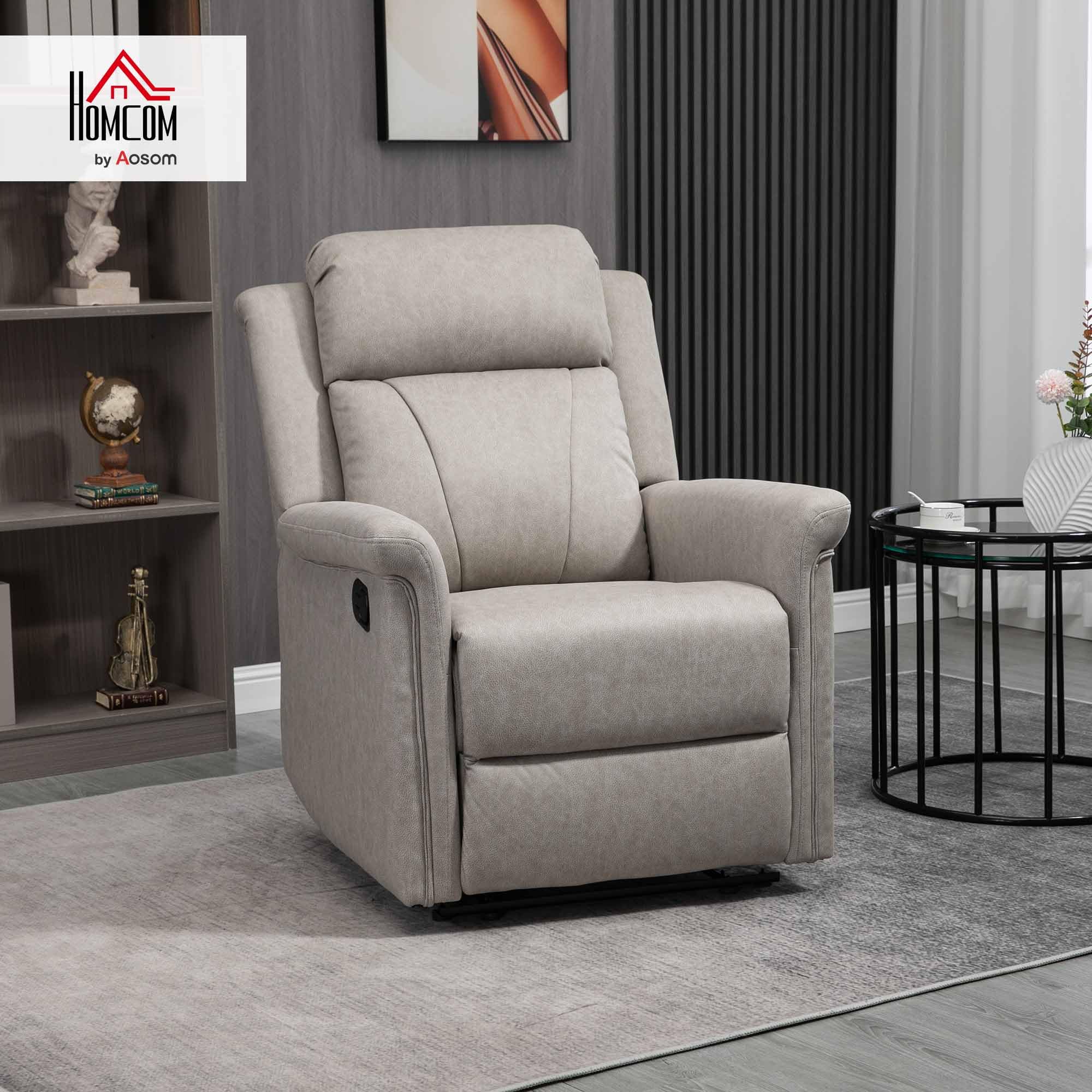 HOMCOM Sillón Relax Reclinable Manual, Sillón Relax de Tela con Reposabrazos, Reposapiés, Respaldo Alto, Acolchado Grueso, Butaca Reclinable hasta 135º para Salón, Dormitorio, Oficina, Gris