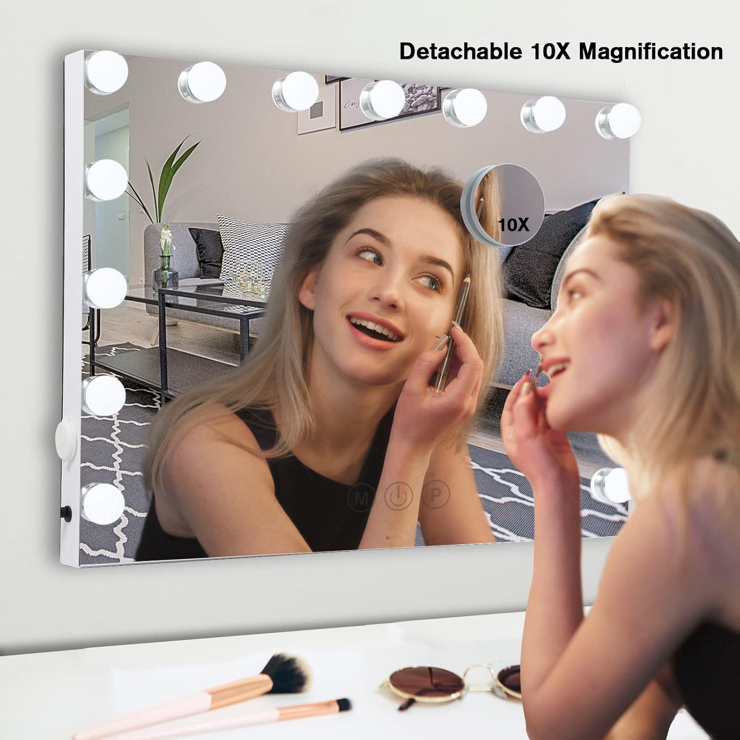 Best Cyber Deals 🔥 Vanity Mirror with Lights, BWLLNI Large Hollywood Light up Mirror with 15 Dimmable LED Bulbs and USB Charging Port for Dressing Room & Bedroom, Tabletop Mirror or Wall Mounted