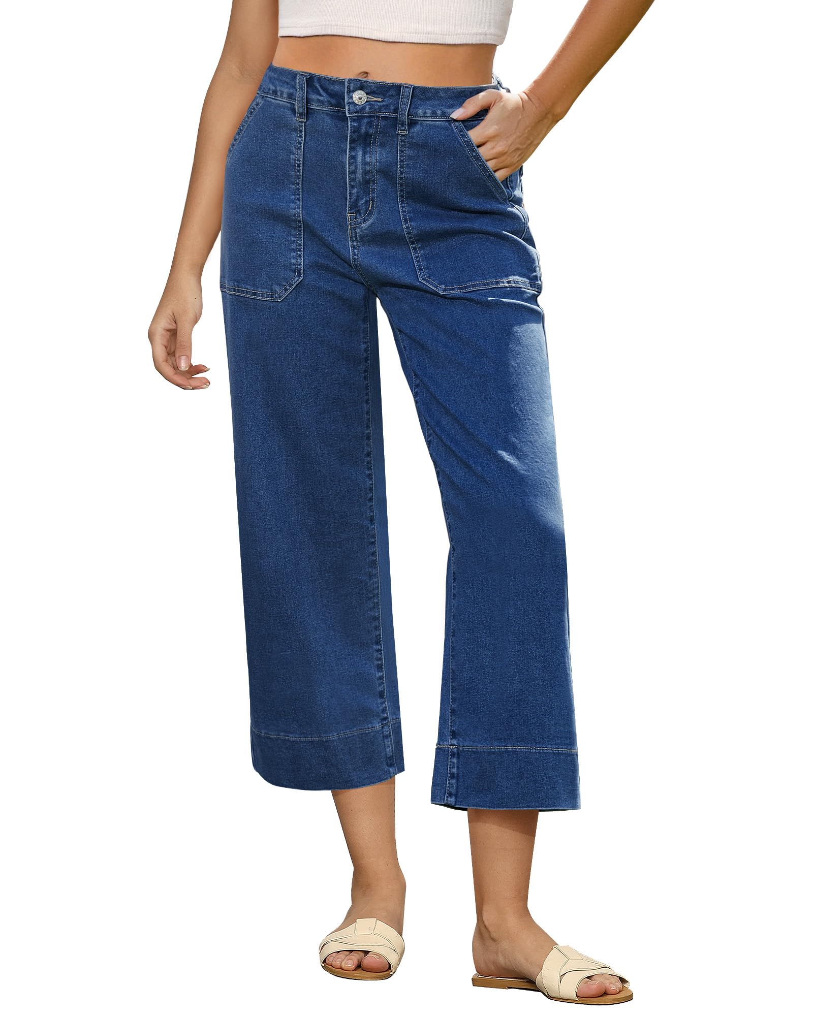 Roskiky Capri Jeans Damen hoch taillierte Jeans mit weitem Bein