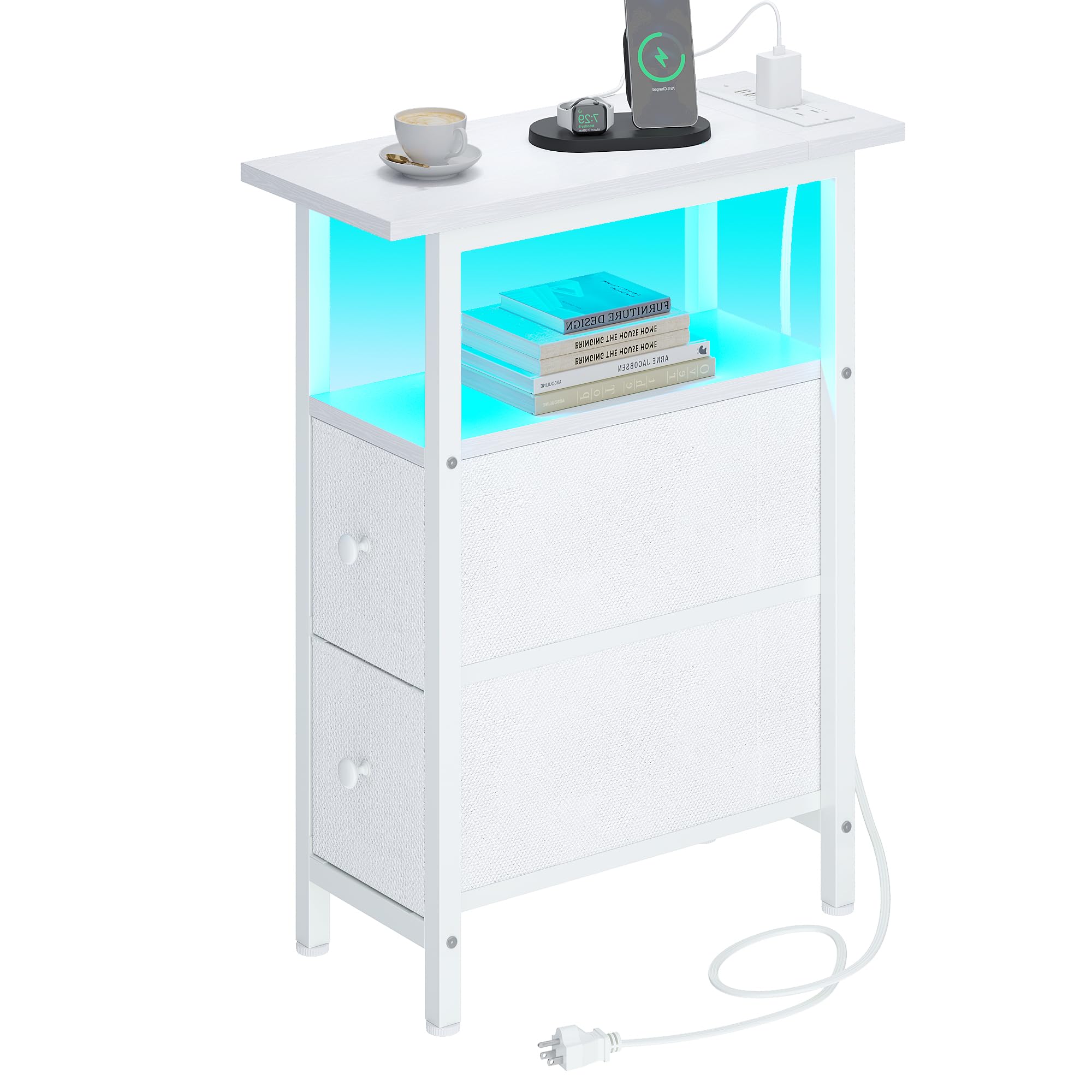 end table with charging station narrow side table with 2 fabric drawers skinny nightstand with led light slim bedside table for bedroom living room small spaces white